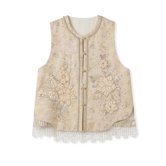 Designer 3D Floral Embroidered Lace Tank Top Women Front Cut-Out Sleeveless Top