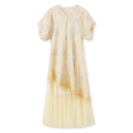 Embroidered Cream Yellow Lace Floral Wedding/ Vacation Dress