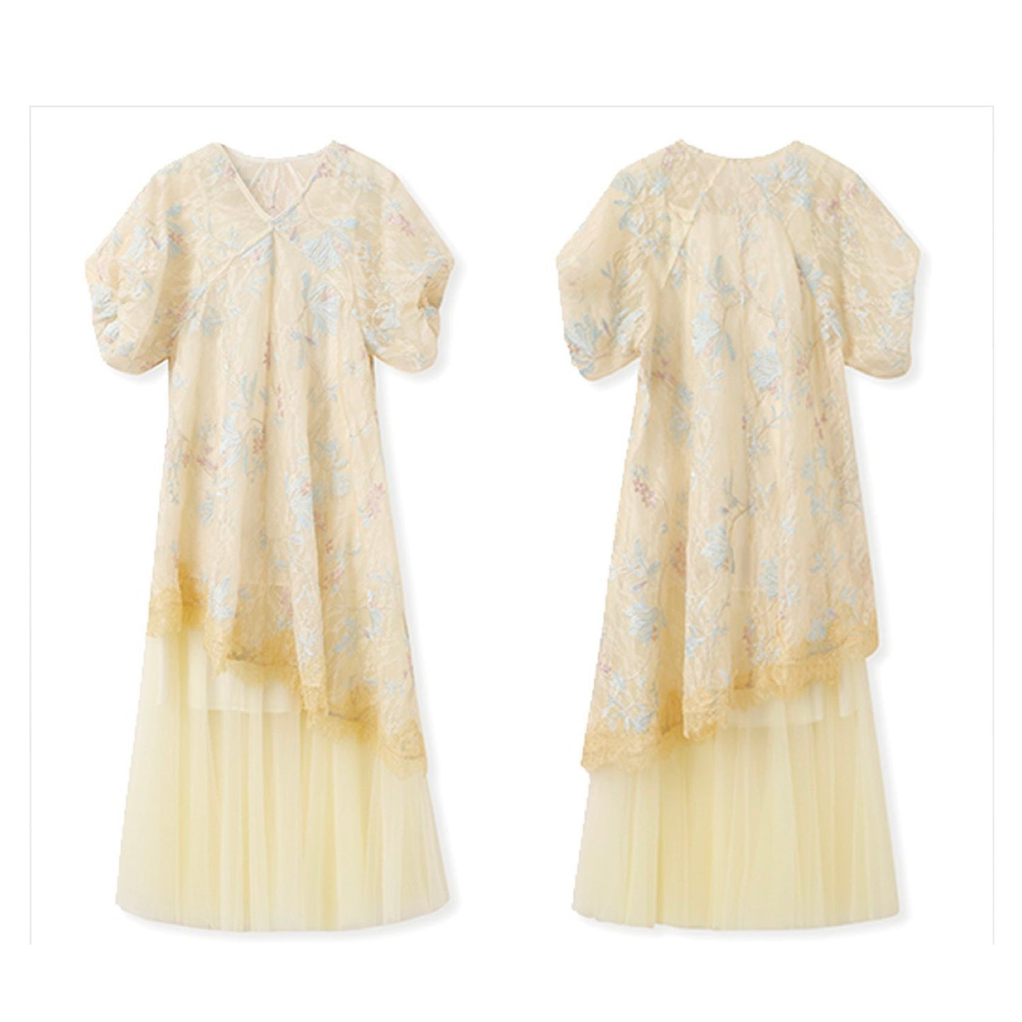 Embroidered Cream Yellow Lace Floral Wedding/ Vacation Dress