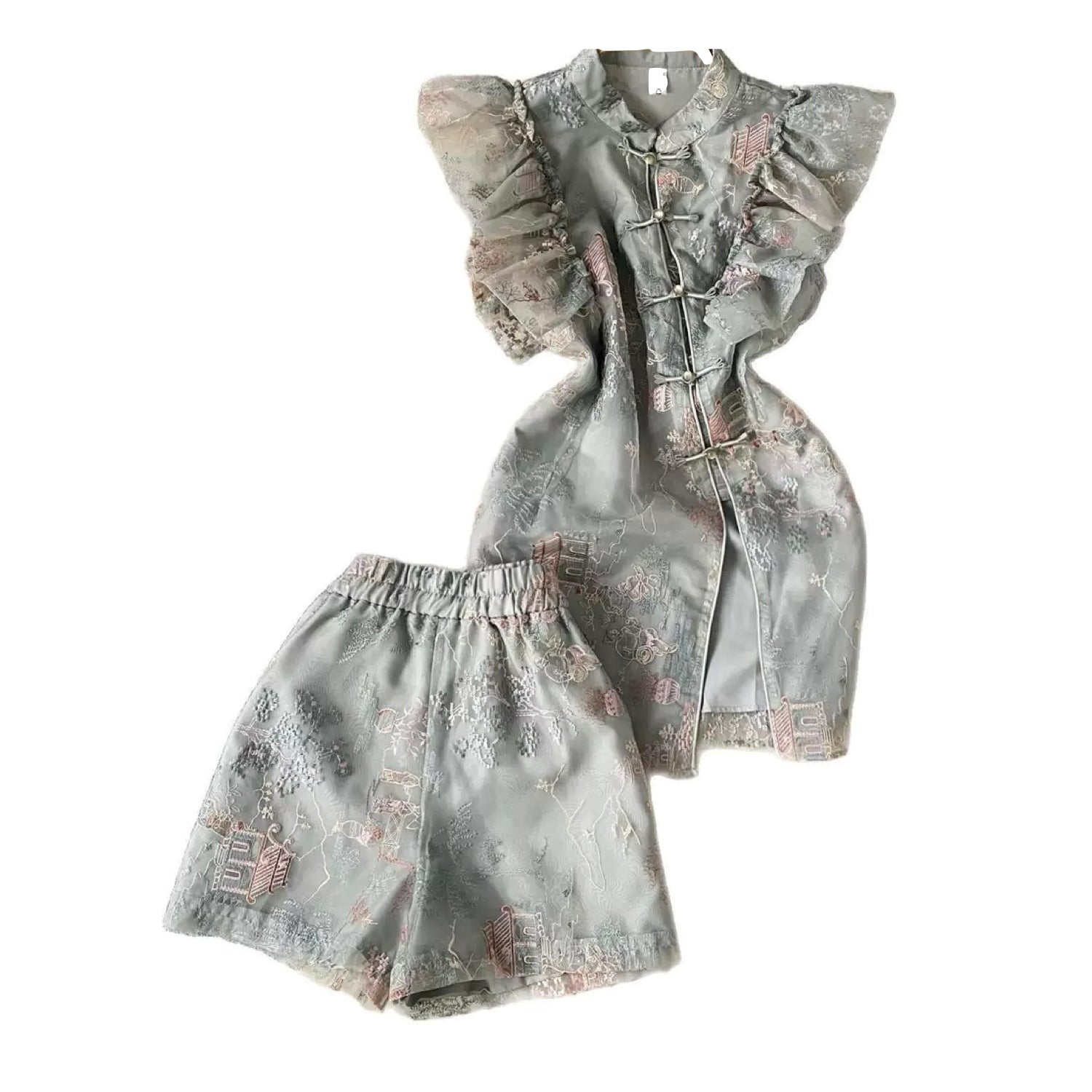 Embroidered Green Stylish Romantic Co-set Short Shirt For Vacation Party Holiday