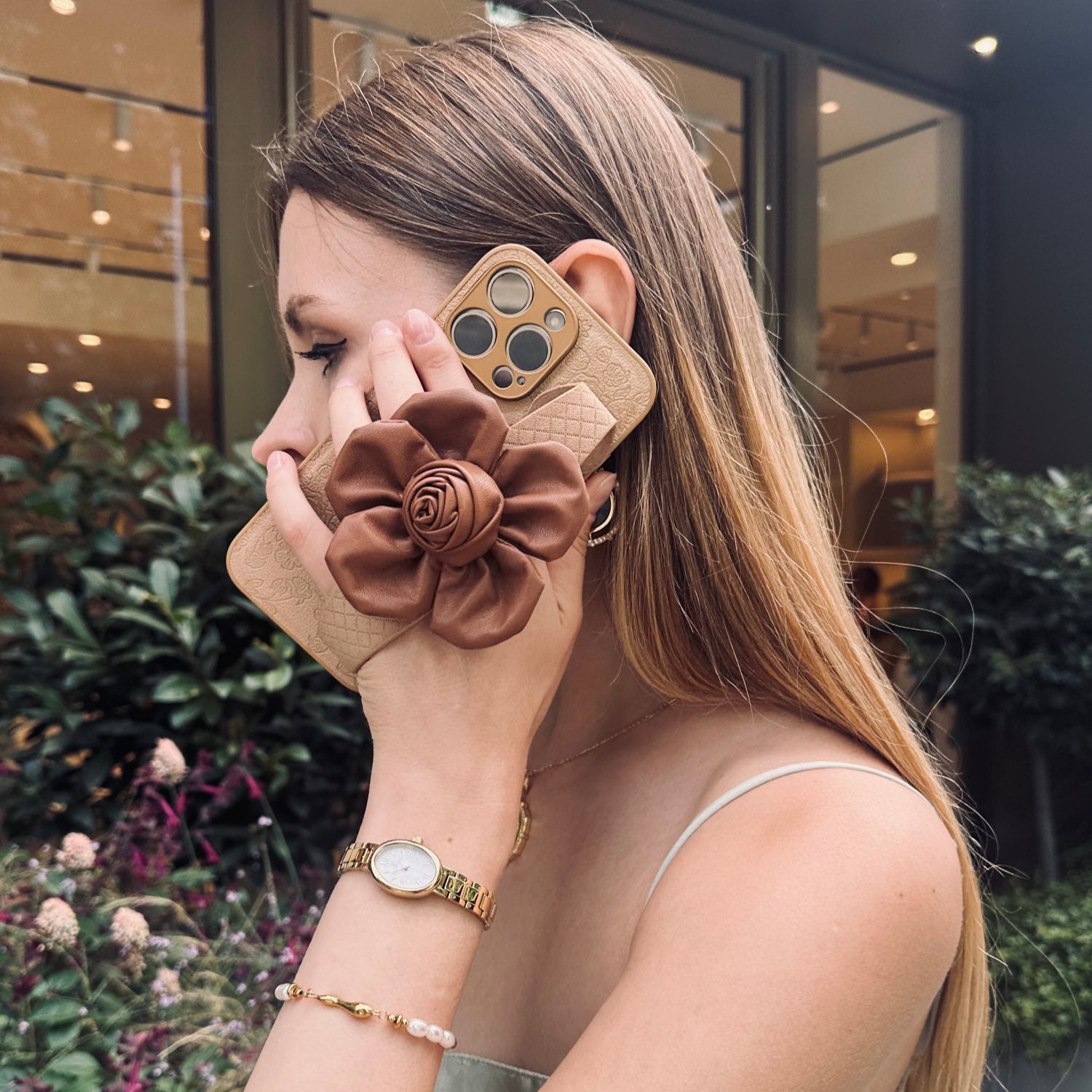 Floral Wrist  Phone Case Hand Holder Brown