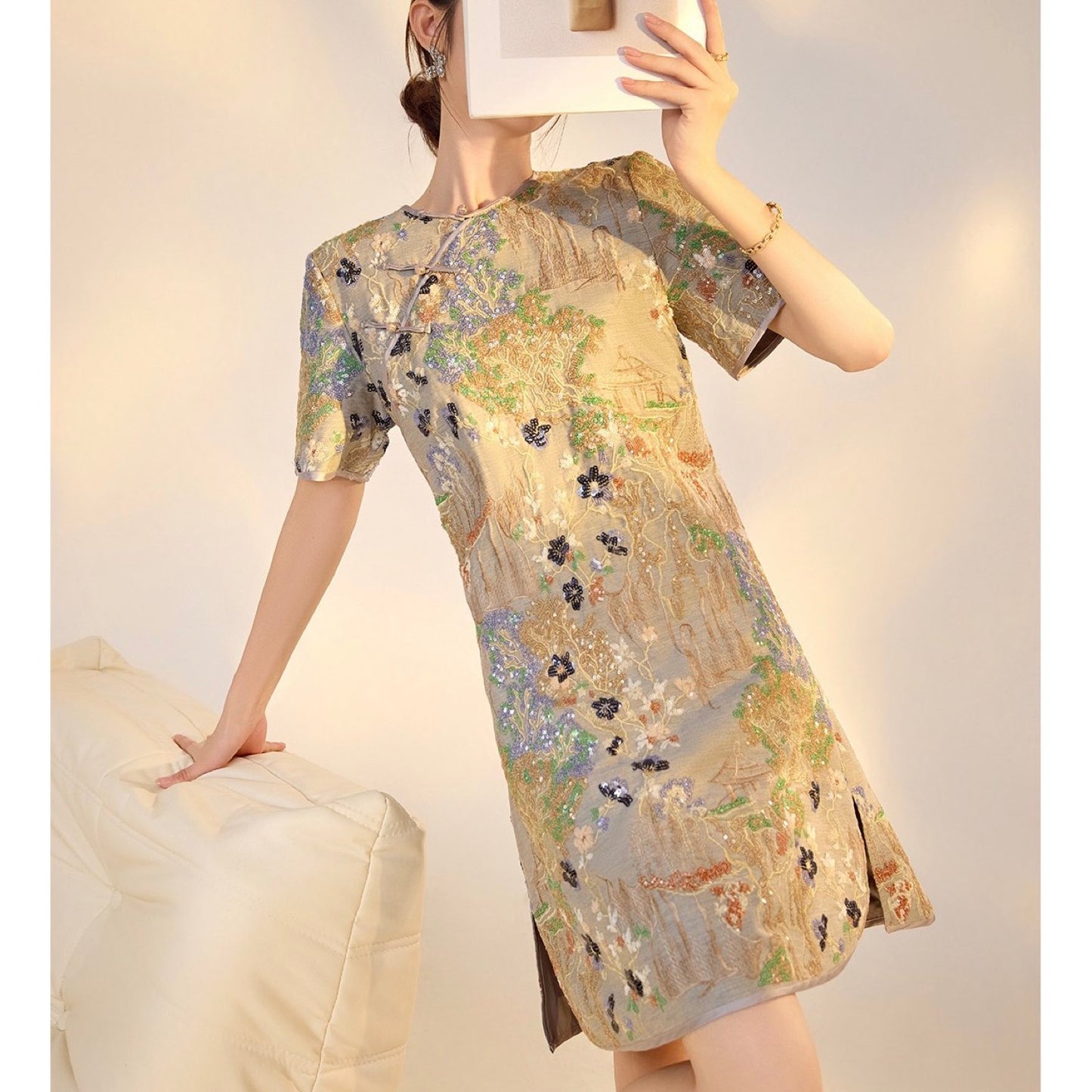 Embroidered Floral Jacquard Romantic Mini Dress