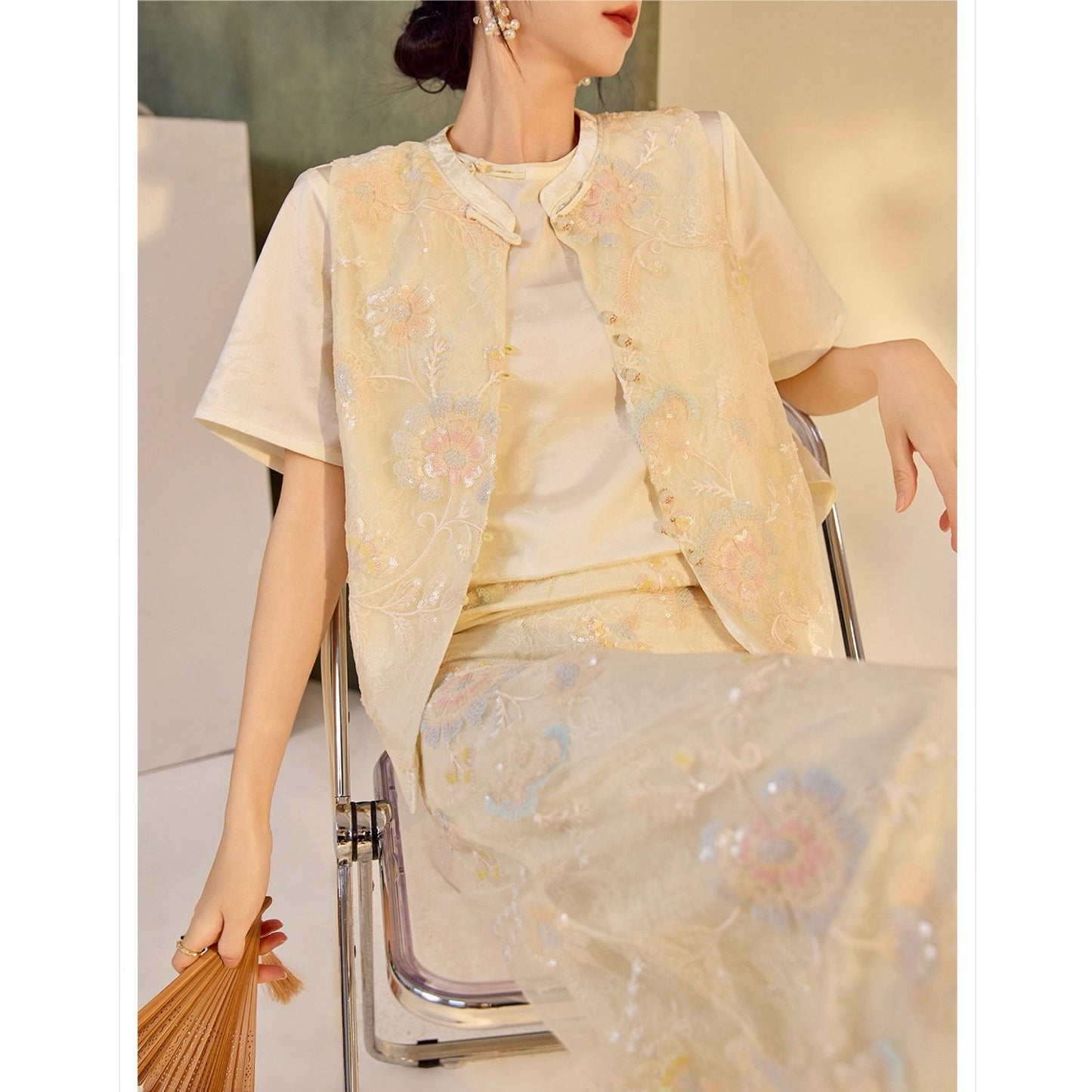 Embroidery Cream Pink Flower Wedding Top