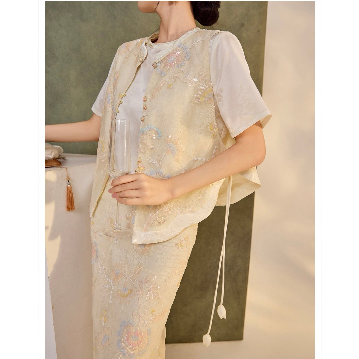 Embroidery Cream Pink Flower Wedding Top