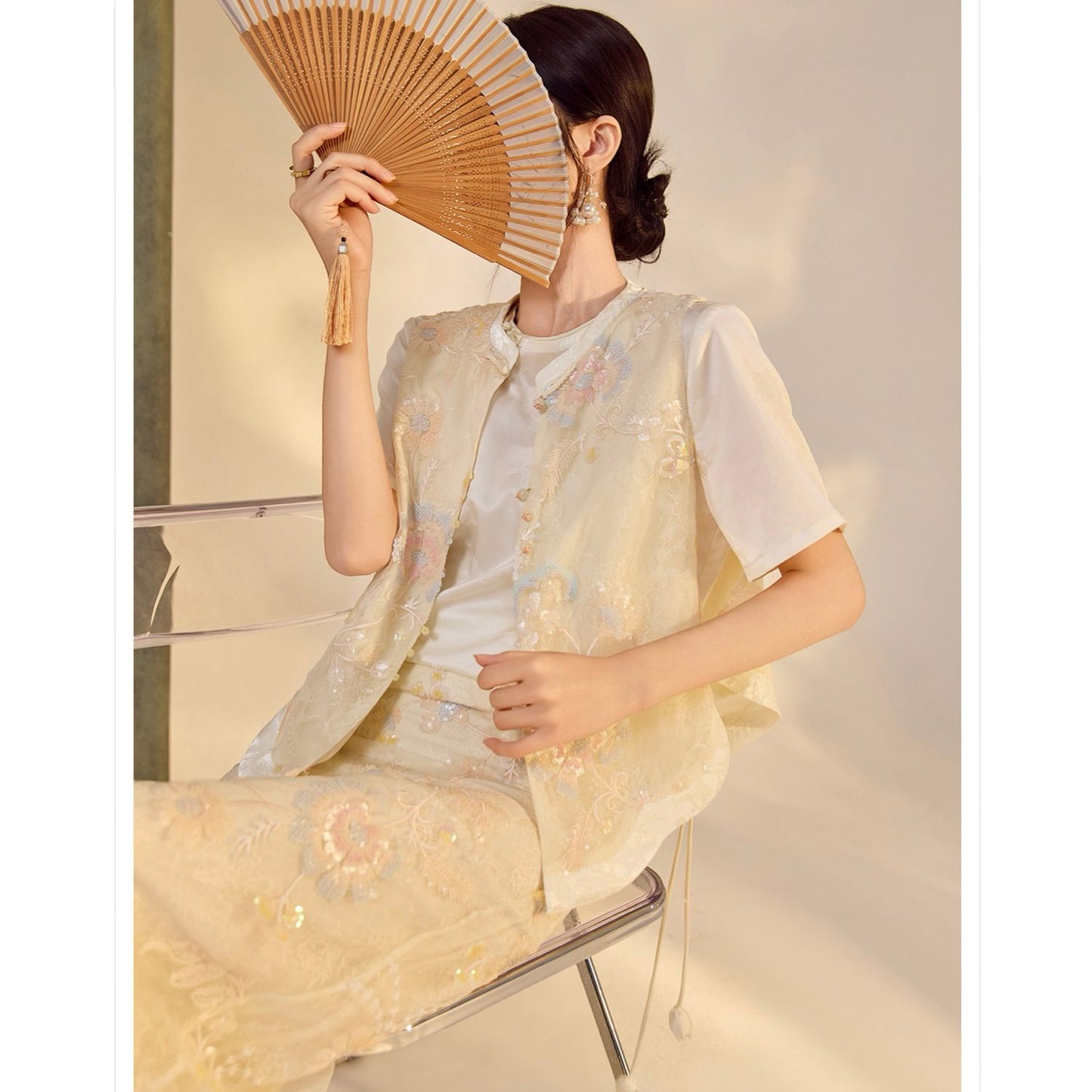 Embroidery Cream Pink Flower Wedding Top