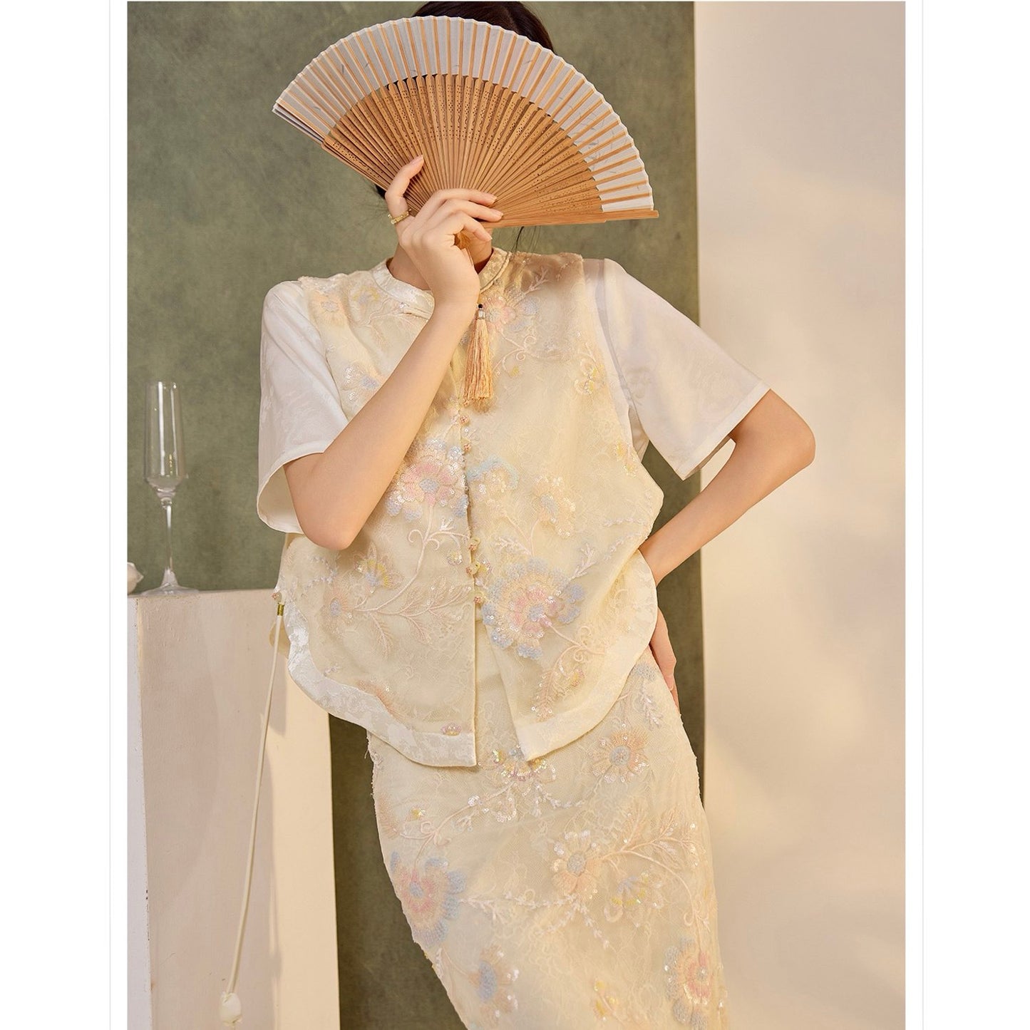 Embroidery Cream Pink Flower Wedding Top