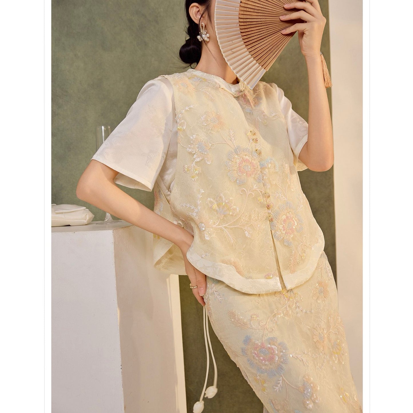 Embroidery Cream Pink Flower Wedding Top