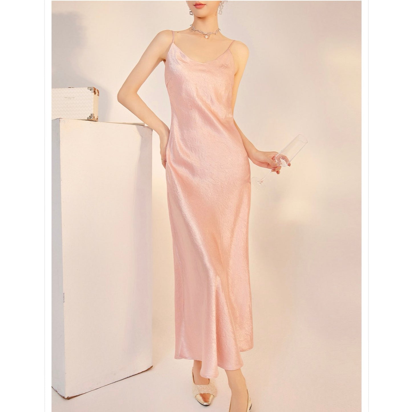 Slim-Fit Silk Pink Long Dress