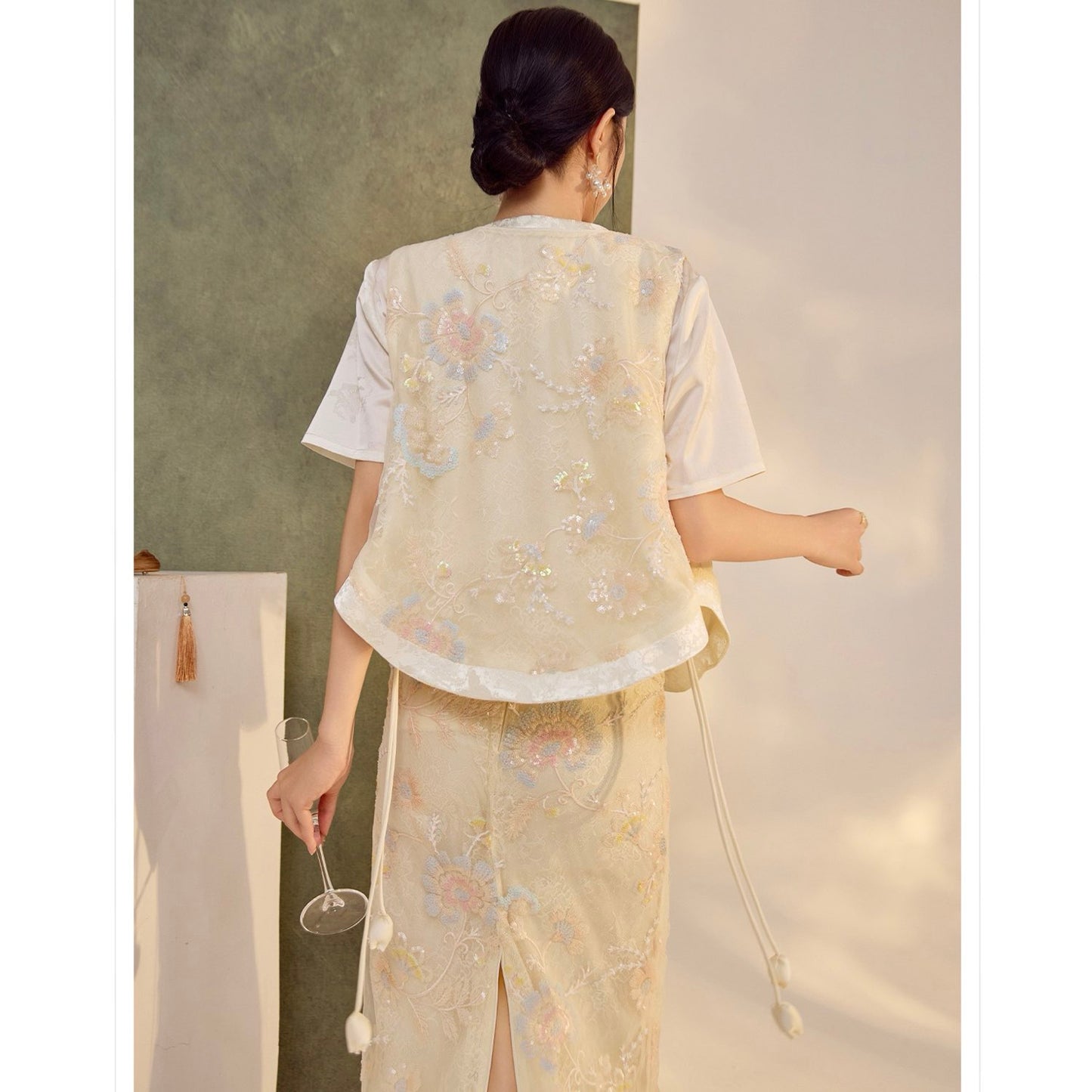 Embroidery Cream Pink Flower Wedding Top