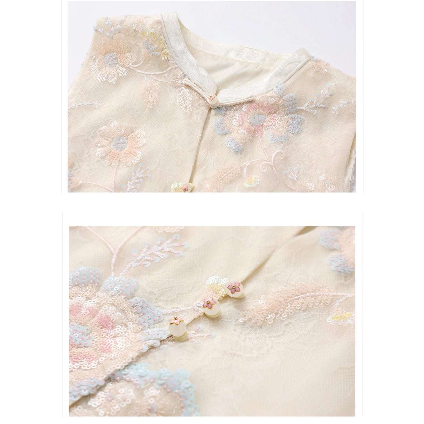 Embroidery Cream Pink Flower Wedding Top