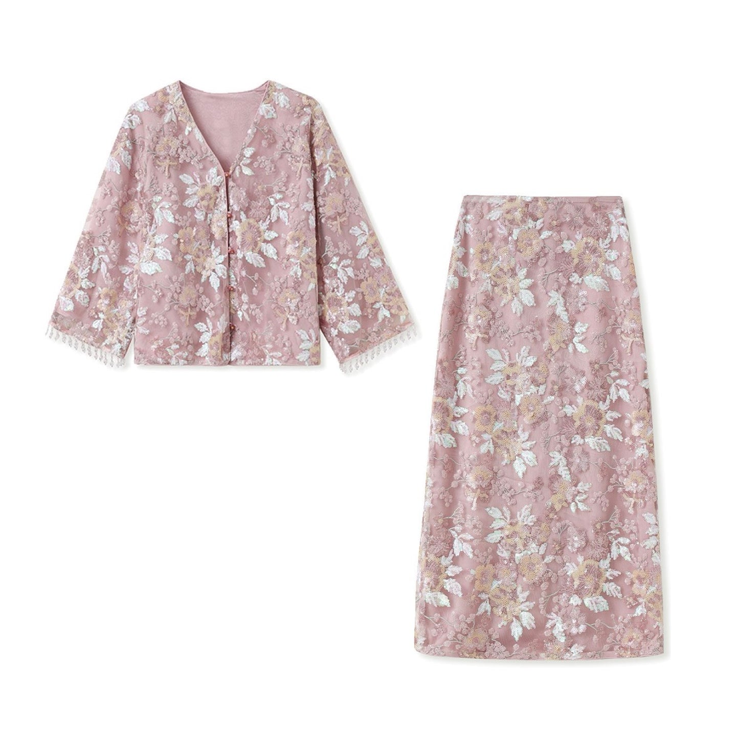 Embroidered Blush Pink Flowers Co Ord Set