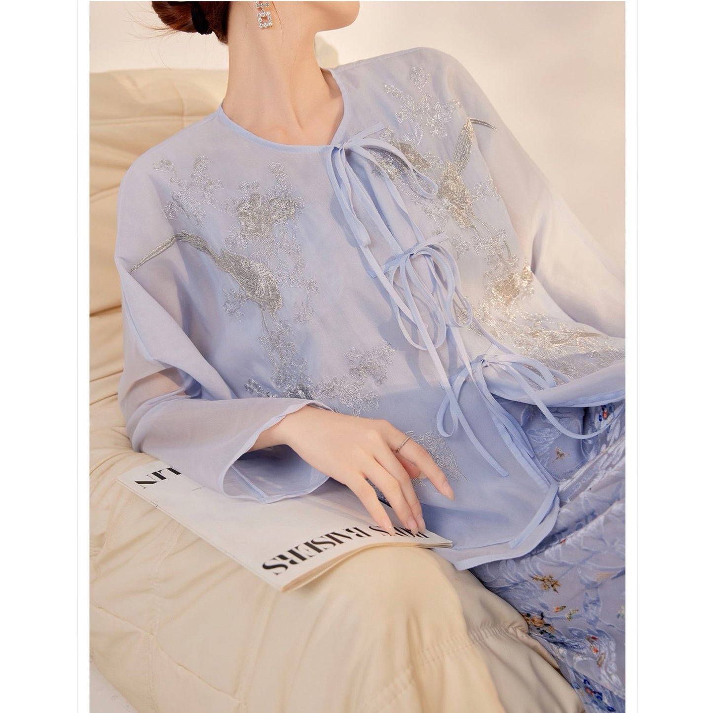 Embroidered Light Blue Solid Tie Floral Cardigan