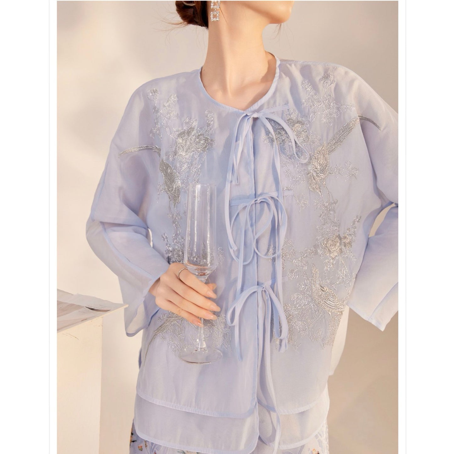 Embroidered Light Blue Solid Tie Floral Cardigan