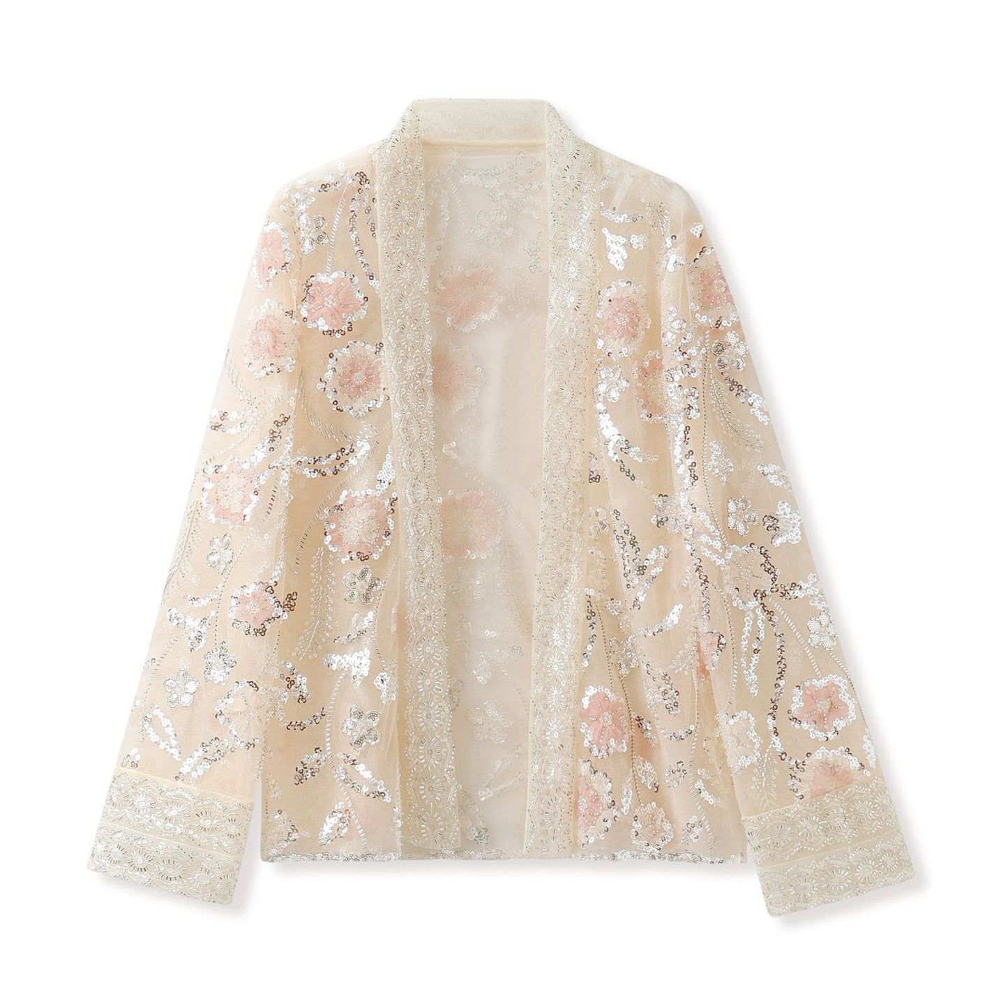 Embroidered White and Beige Floral Cardigan