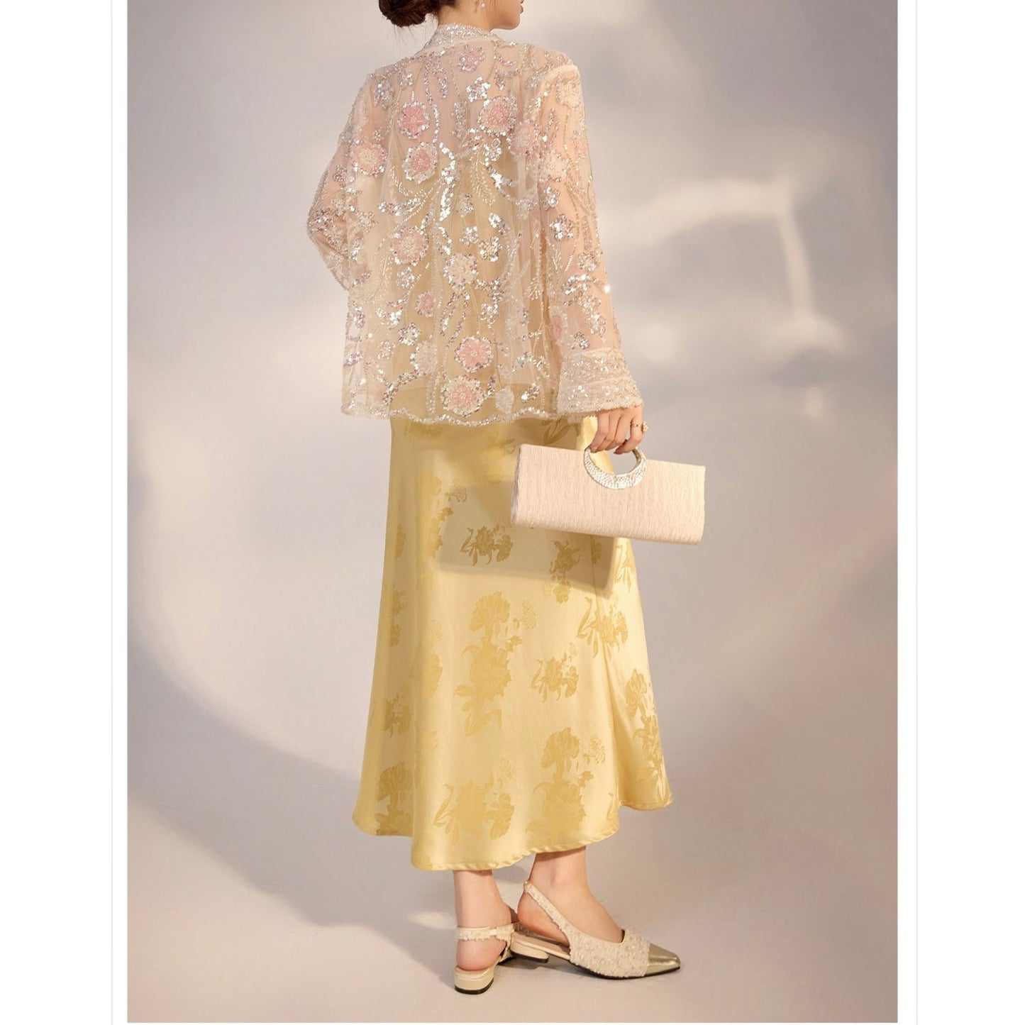 Embroidered White and Beige Floral Cardigan