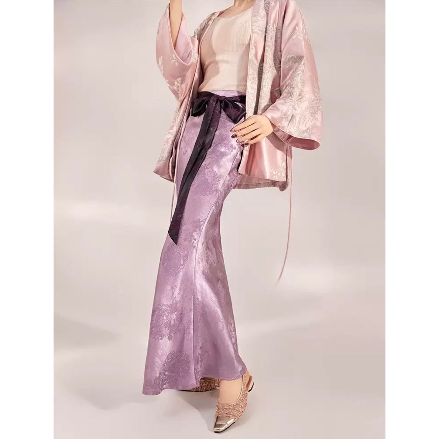 Bamboo Purple Floral Silk Skirt With Belt