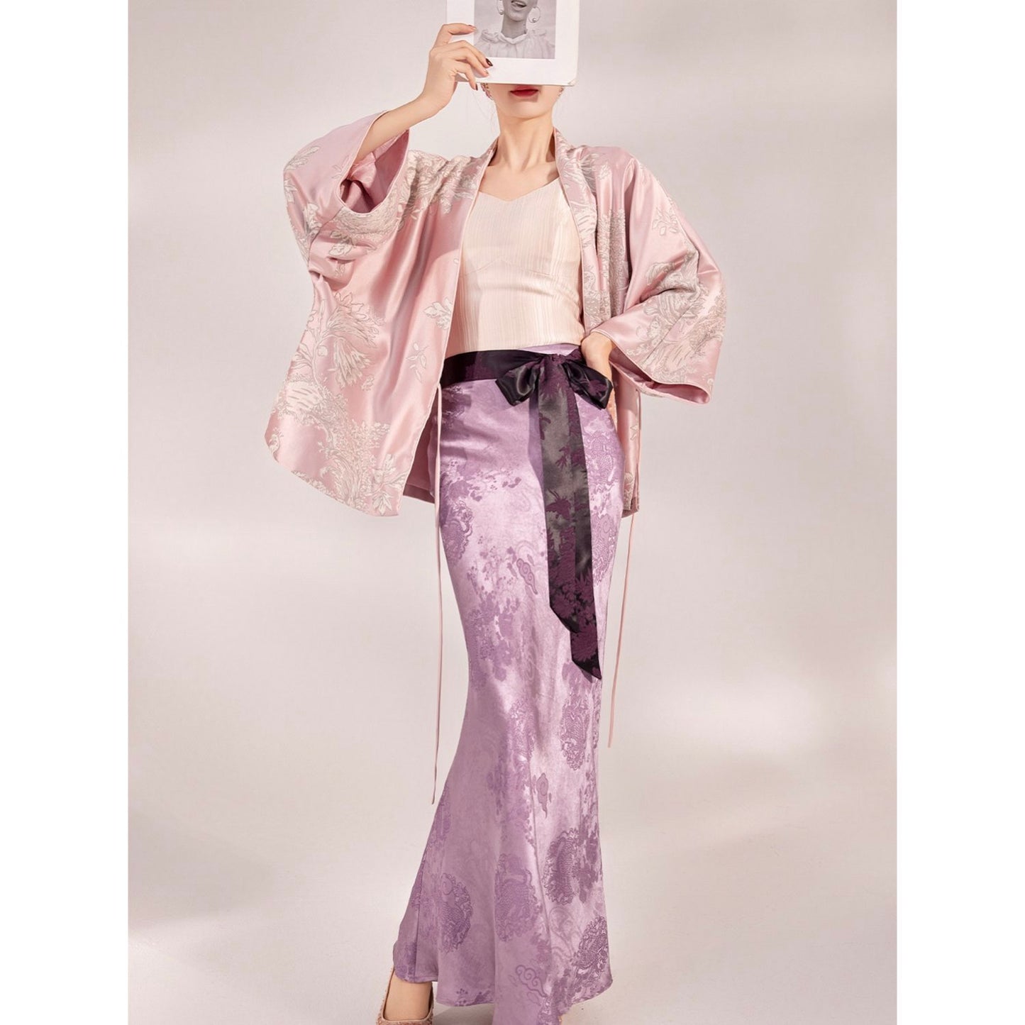 Bamboo Purple Floral Silk Skirt With Belt