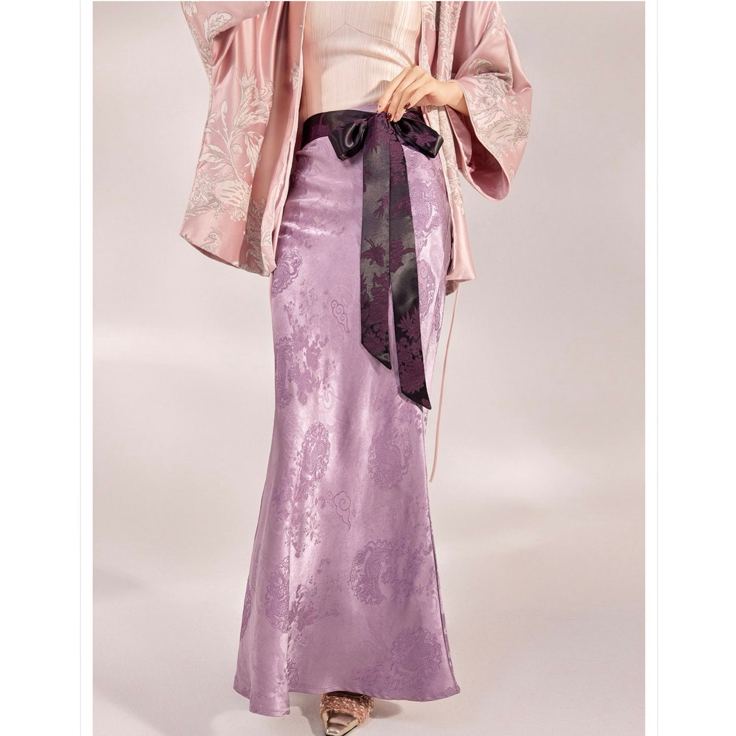 Bamboo Purple Floral Silk Skirt With Belt