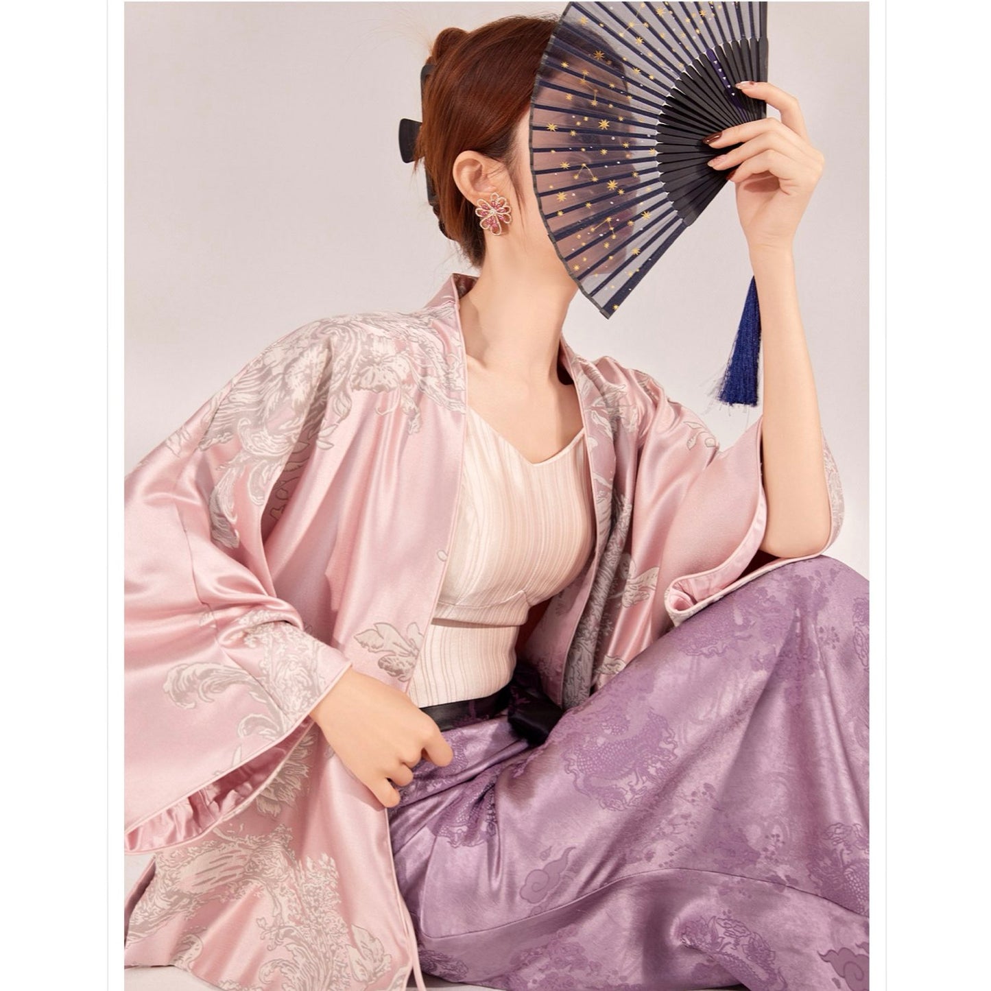 Bamboo Purple Floral Silk Skirt With Belt