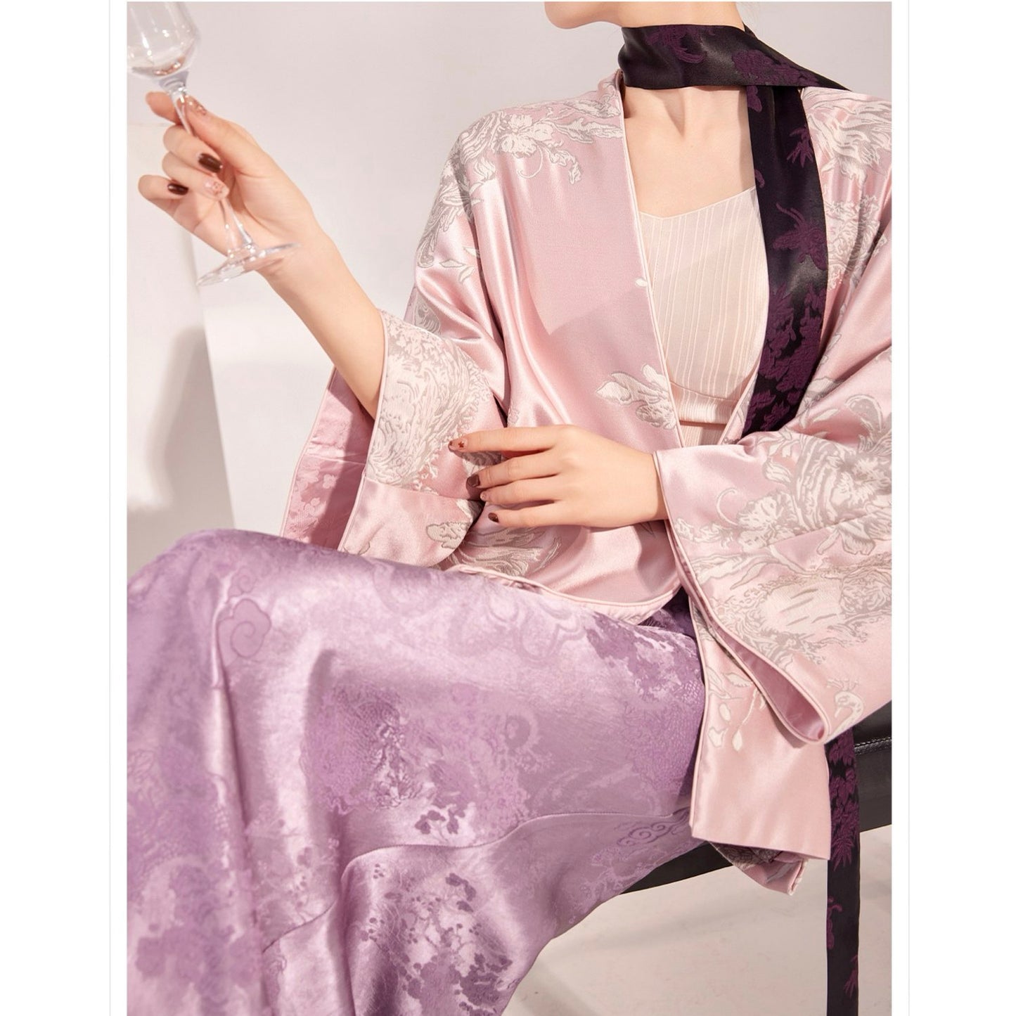 Bamboo Purple Floral Silk Skirt With Belt