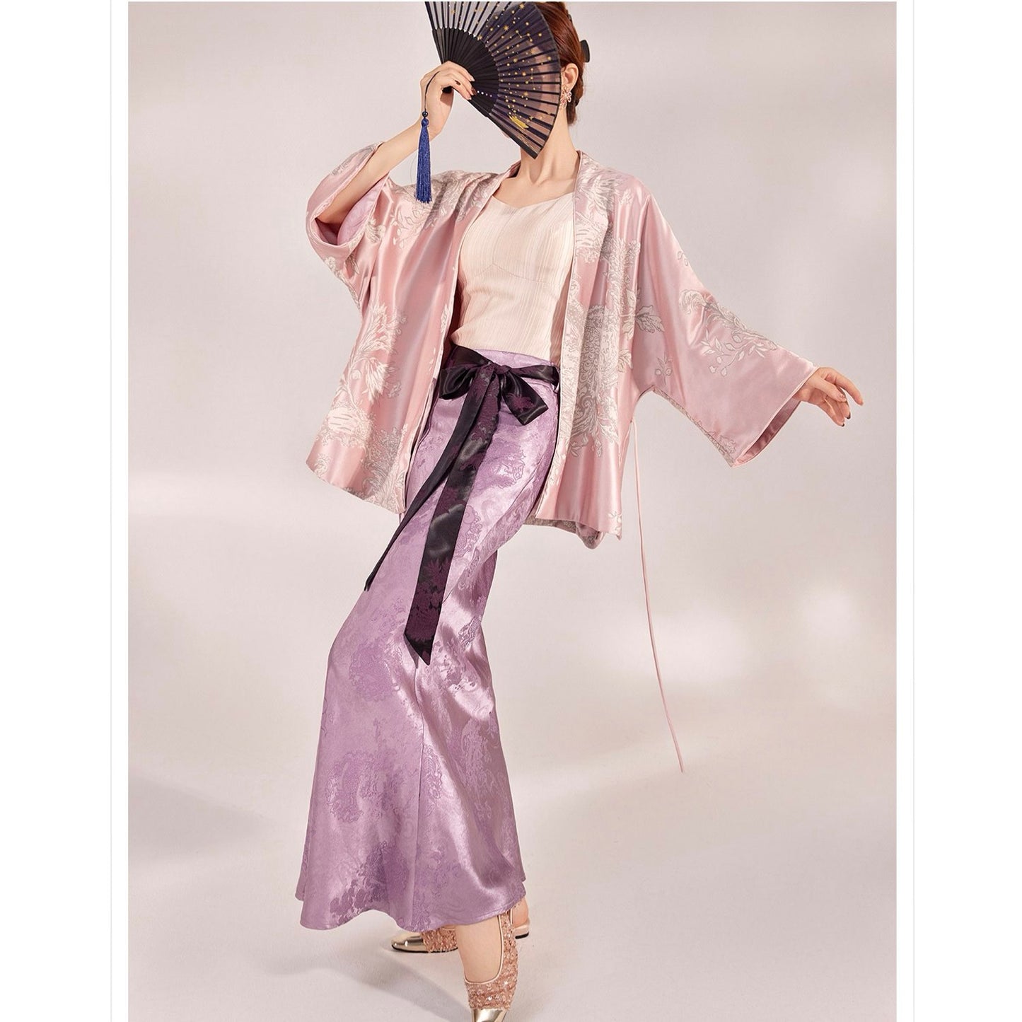 Bamboo Purple Floral Silk Skirt With Belt