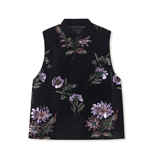 Embroidered Vast Top Black Jacket Stylish Stitching Purple Flowers