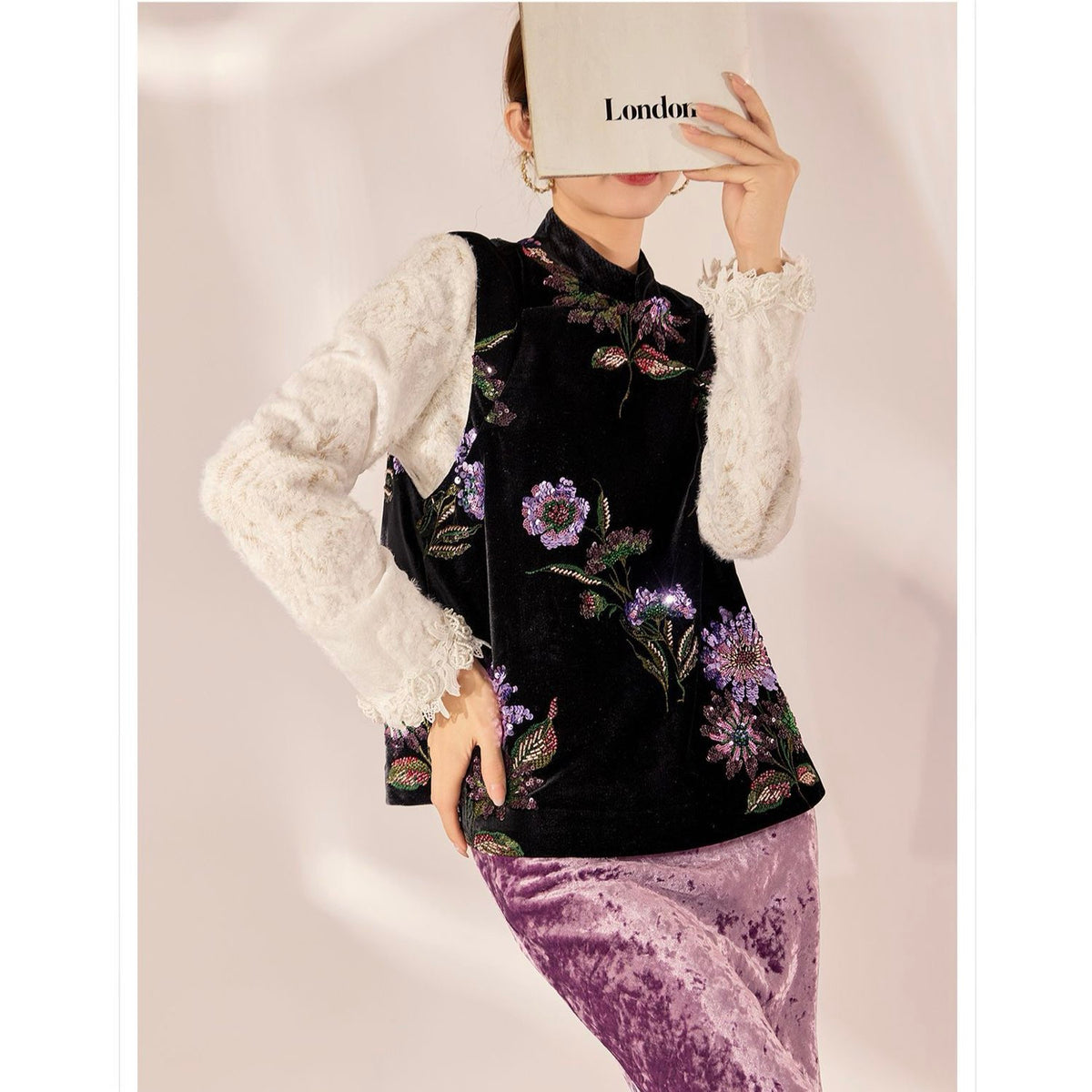 Embroidered Vast Top Black Jacket Stylish Stitching Purple Flowers