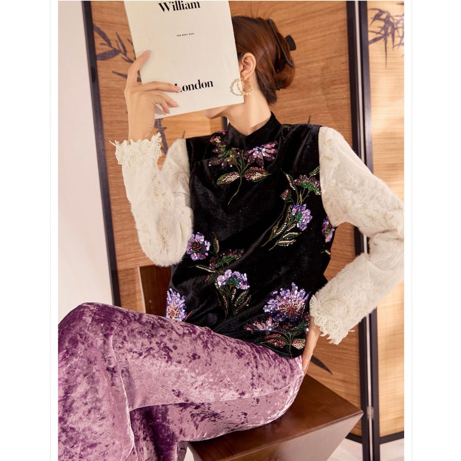 Embroidered Vast Top Black Jacket Stylish Stitching Purple Flowers