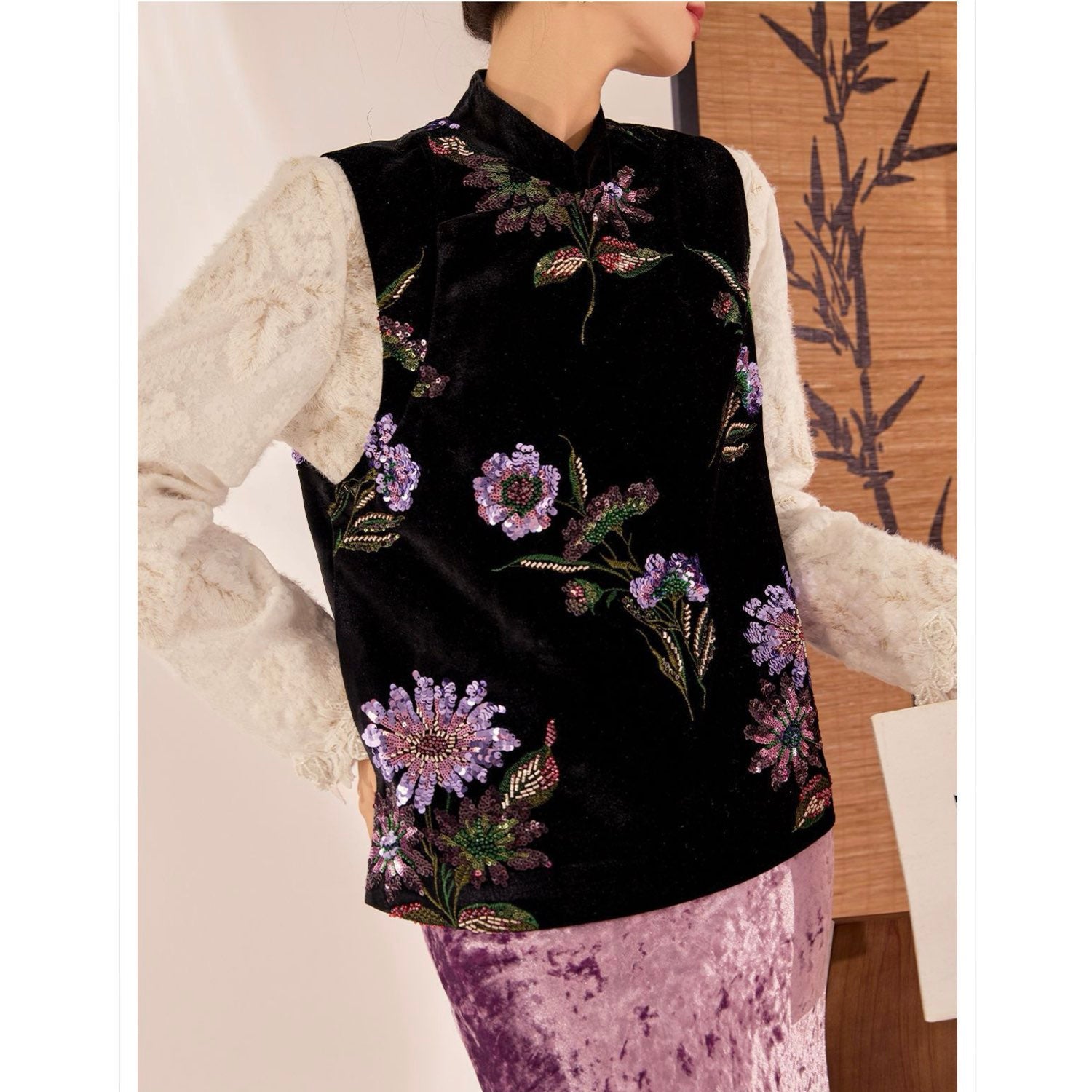 Embroidered Vast Top Black Jacket Stylish Stitching Purple Flowers