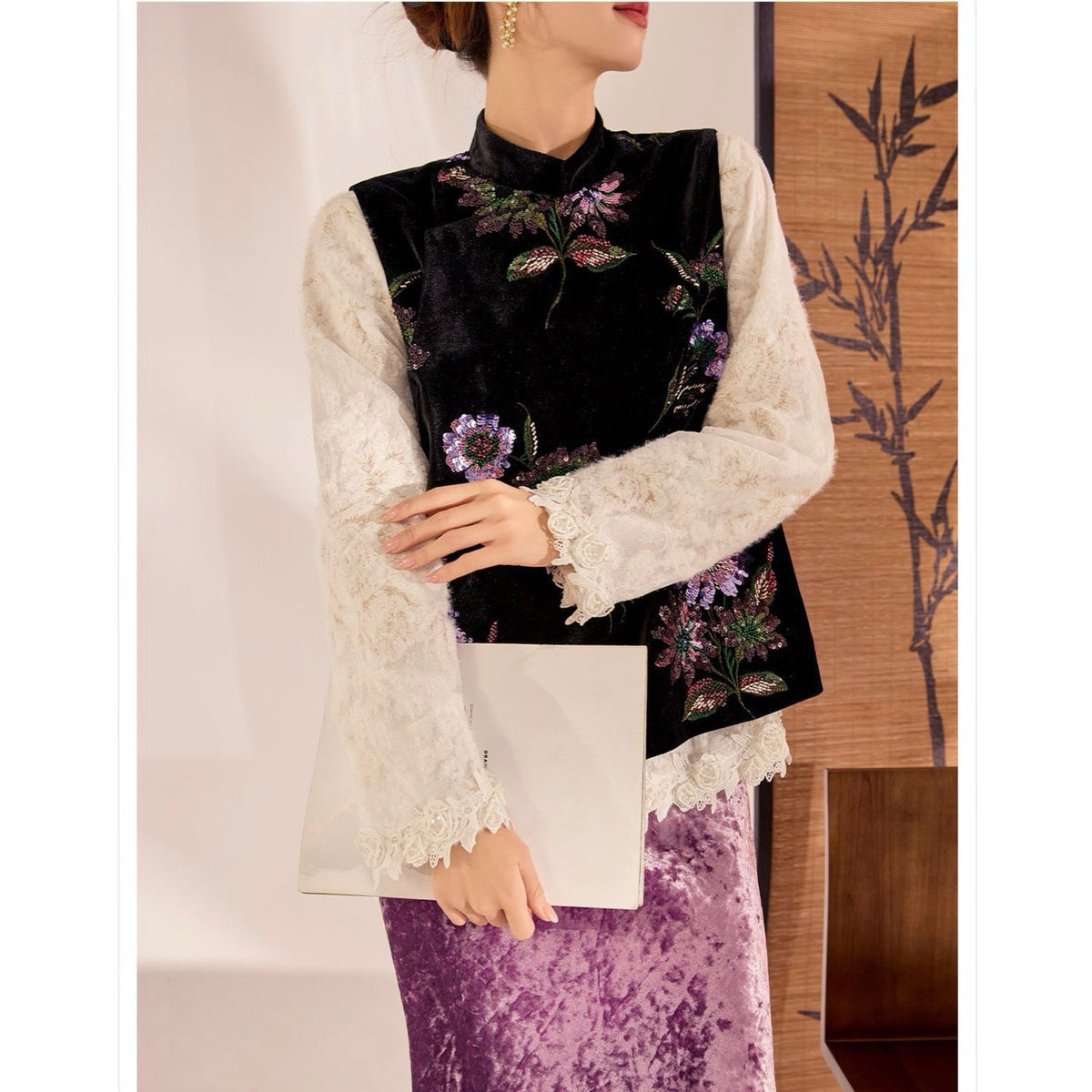 Embroidered Vast Top Black Jacket Stylish Stitching Purple Flowers