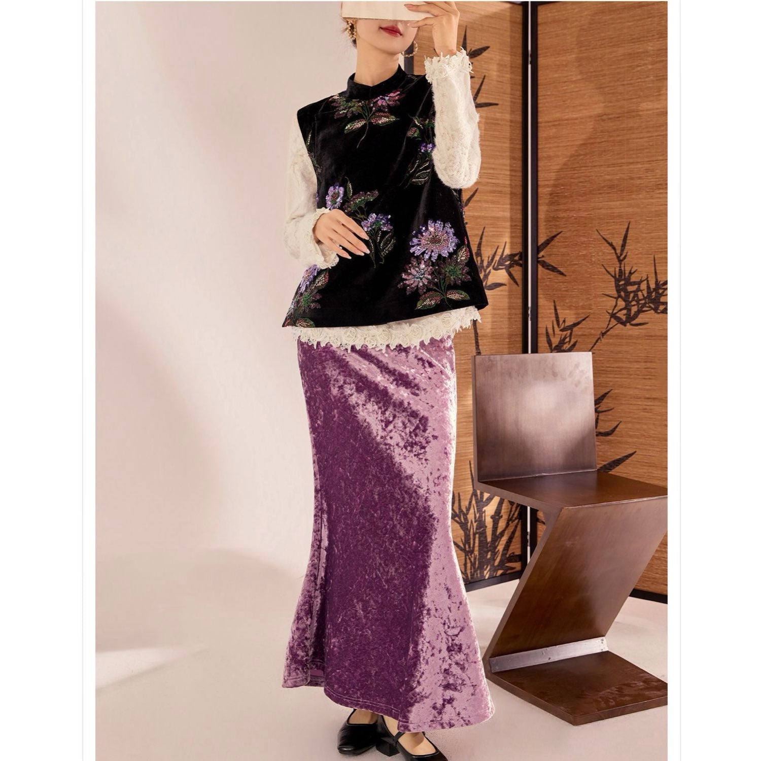 Embroidered Vast Top Black Jacket Stylish Stitching Purple Flowers