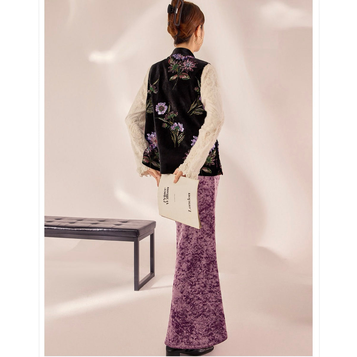 Embroidered Vast Top Black Jacket Stylish Stitching Purple Flowers