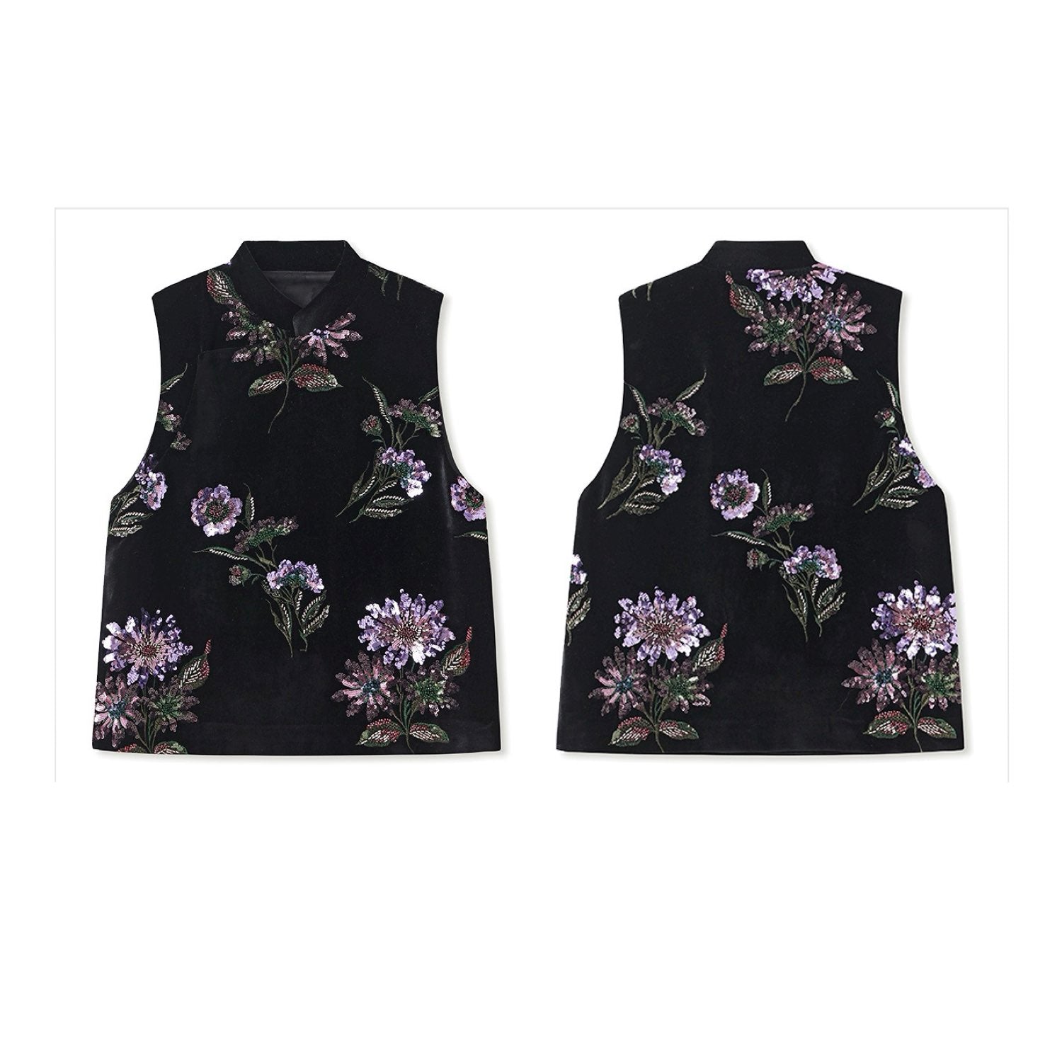 Embroidered Vast Top Black Jacket Stylish Stitching Purple Flowers