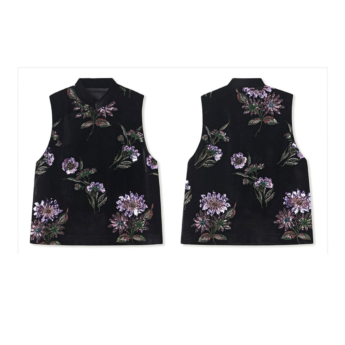 Embroidered Vast Top Black Jacket Stylish Stitching Purple Flowers