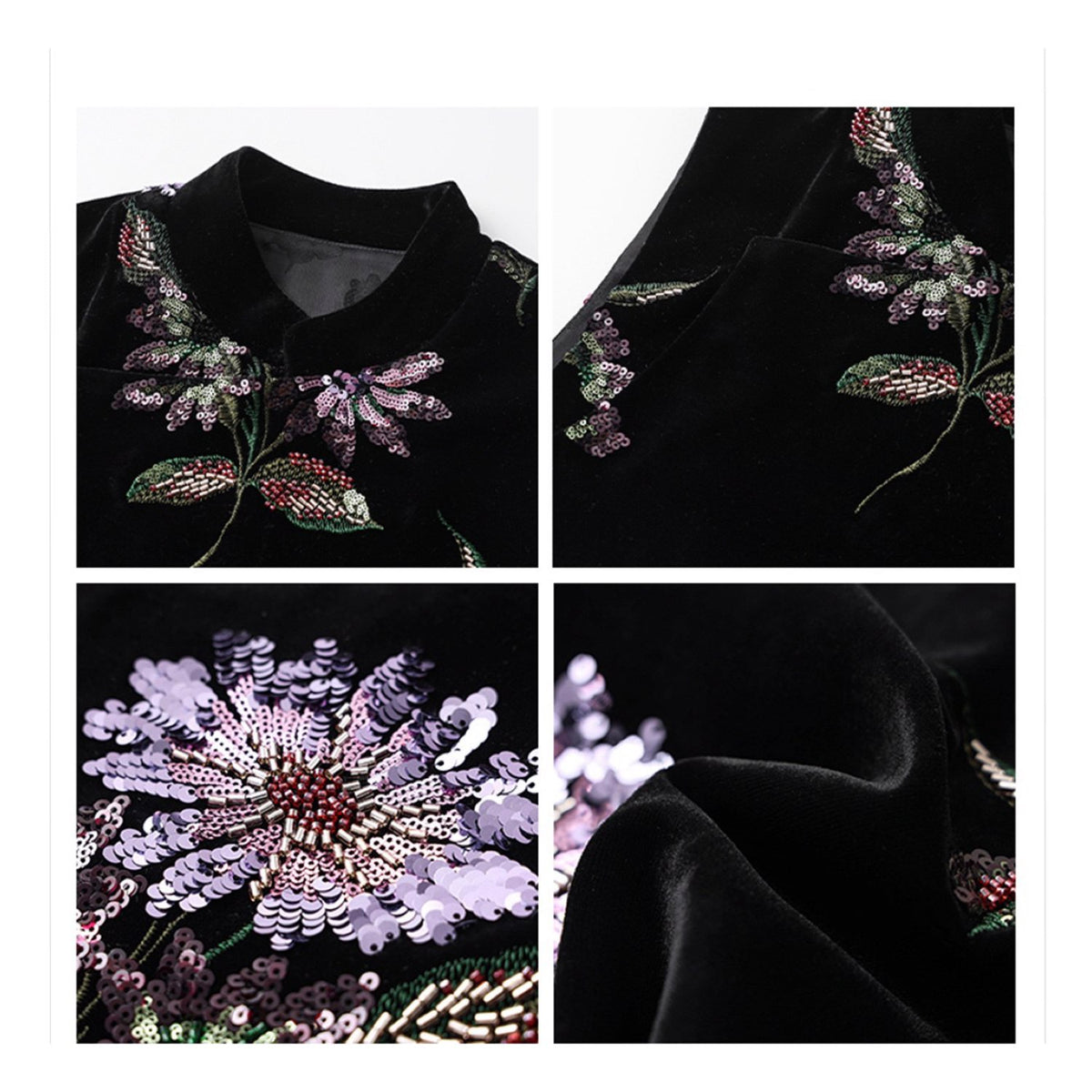 Embroidered Vast Top Black Jacket Stylish Stitching Purple Flowers