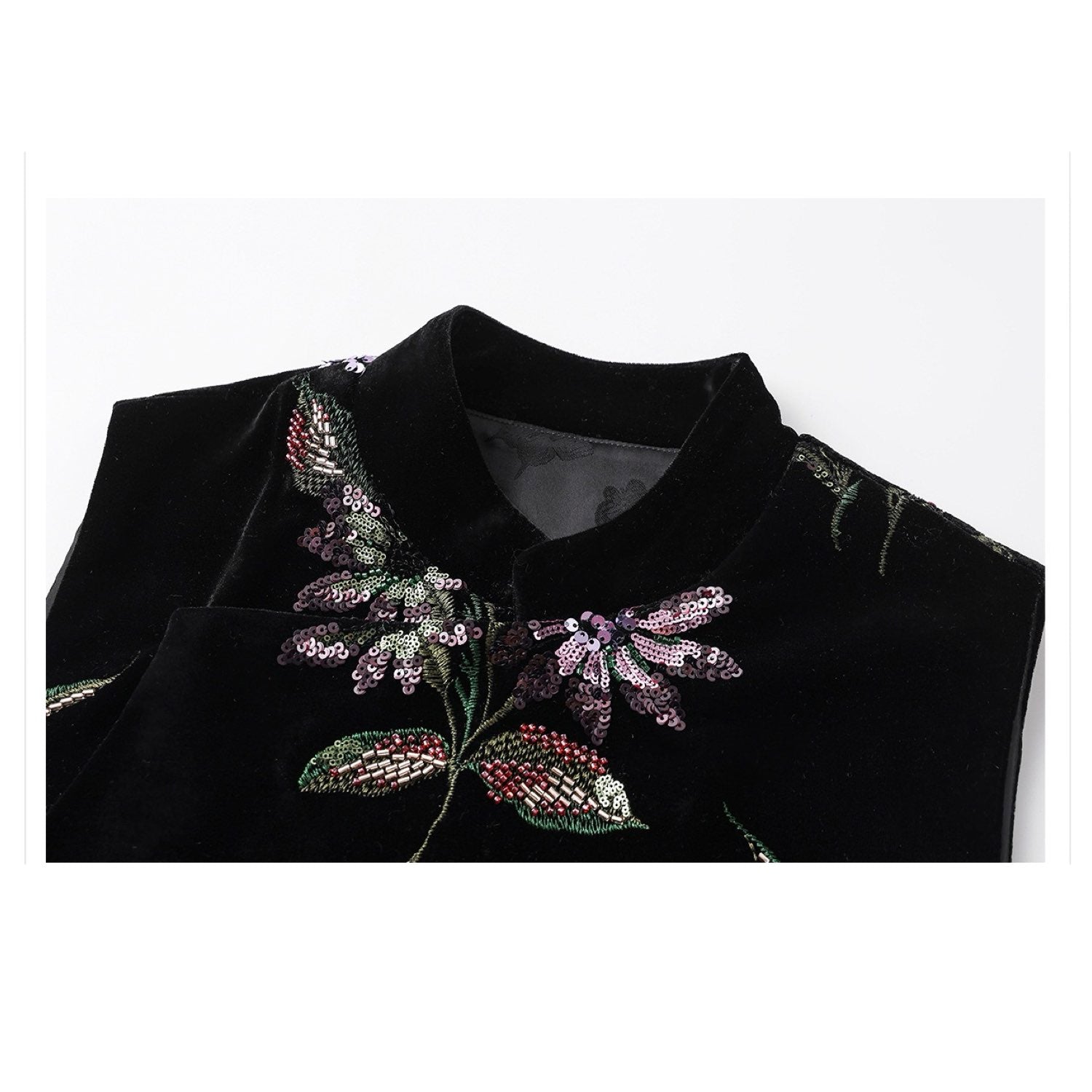 Embroidered Vast Top Black Jacket Stylish Stitching Purple Flowers