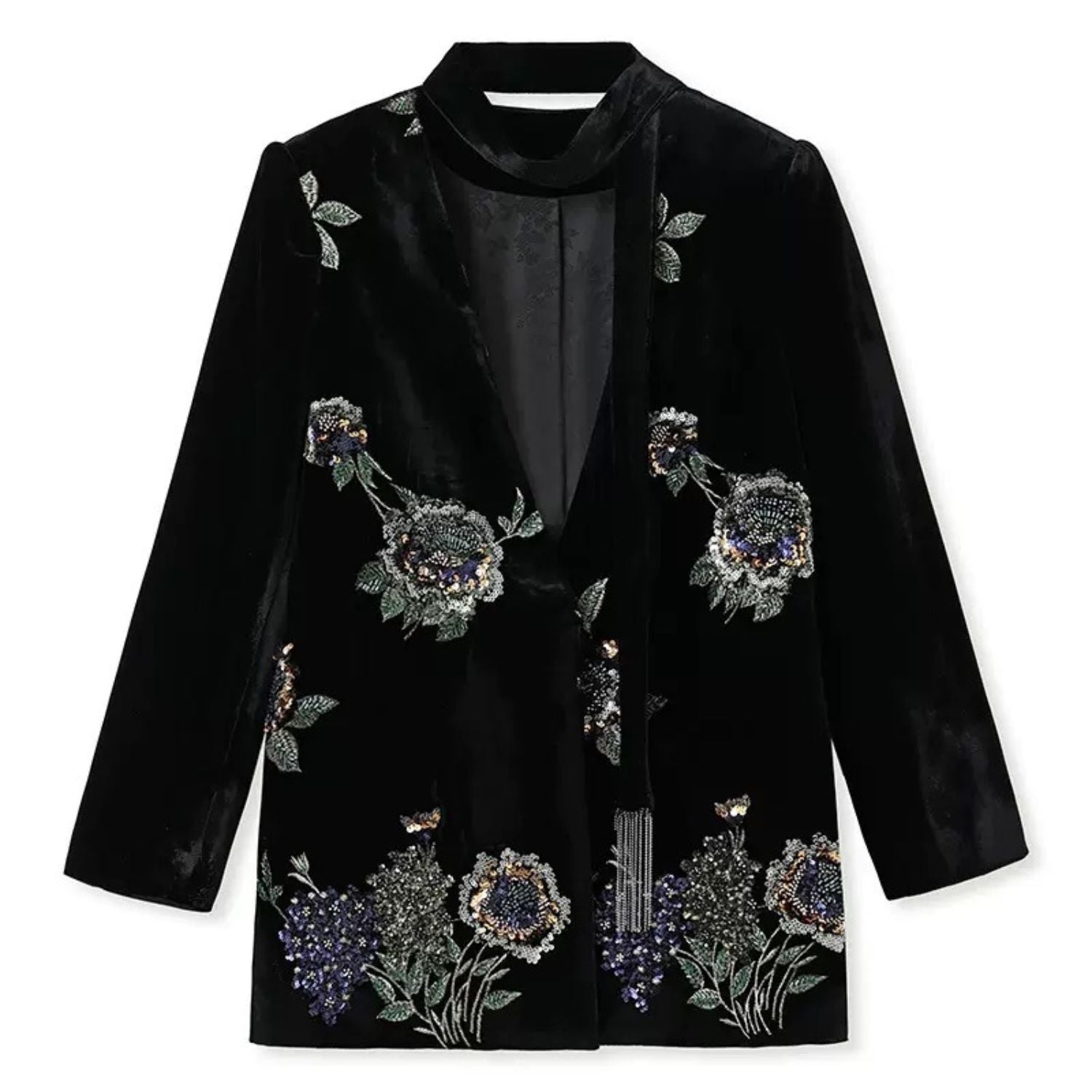 Embroidery Flowers Black Mulberry Silk Velvet Jacket Suit Top