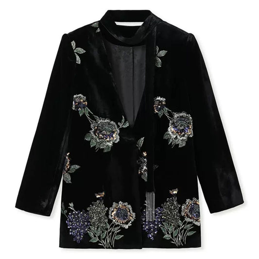 Embroidery Flowers Black Mulberry Silk Velvet Jacket Suit Top