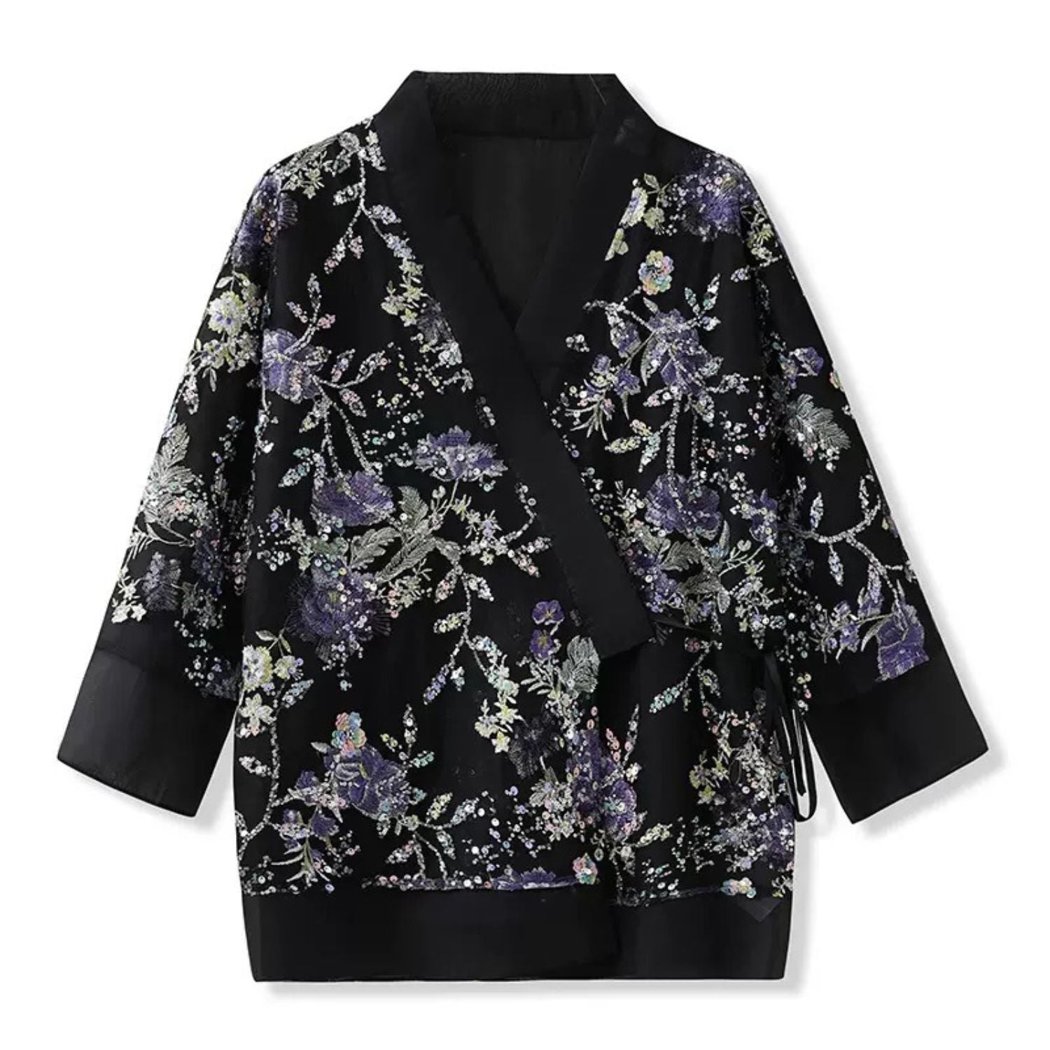 Embroidery Flowers Black Cardigan Top