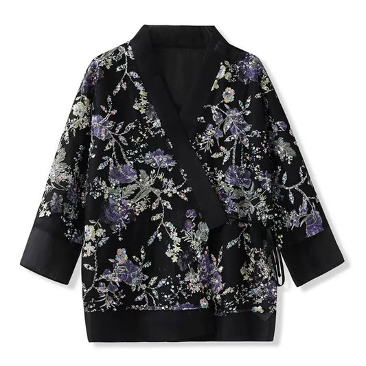 Embroidery Flowers Black Cardigan Top