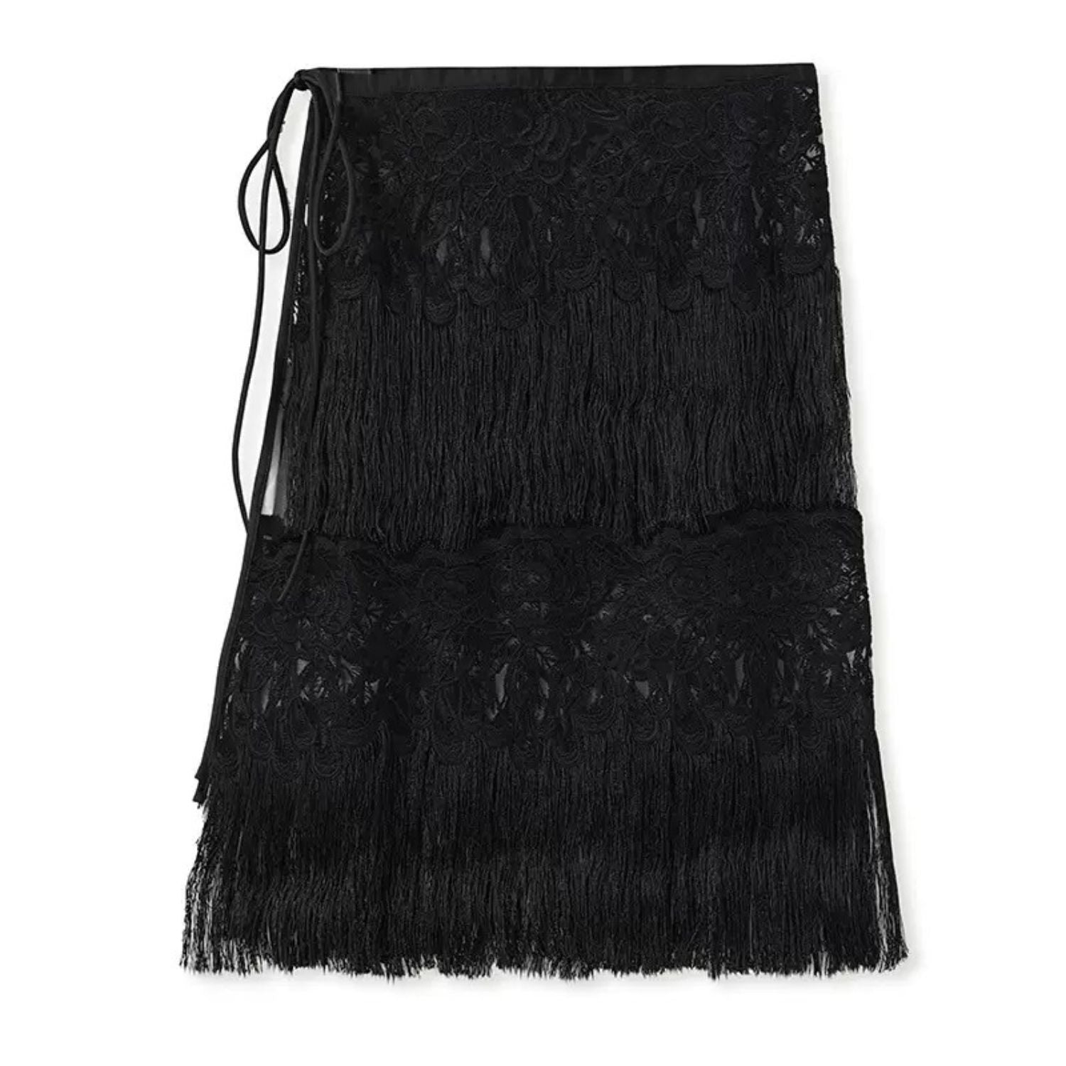 Poetic Embroidery Black  Tassel Outer Layer Floral Patchwork Knee-Length Short Skirt