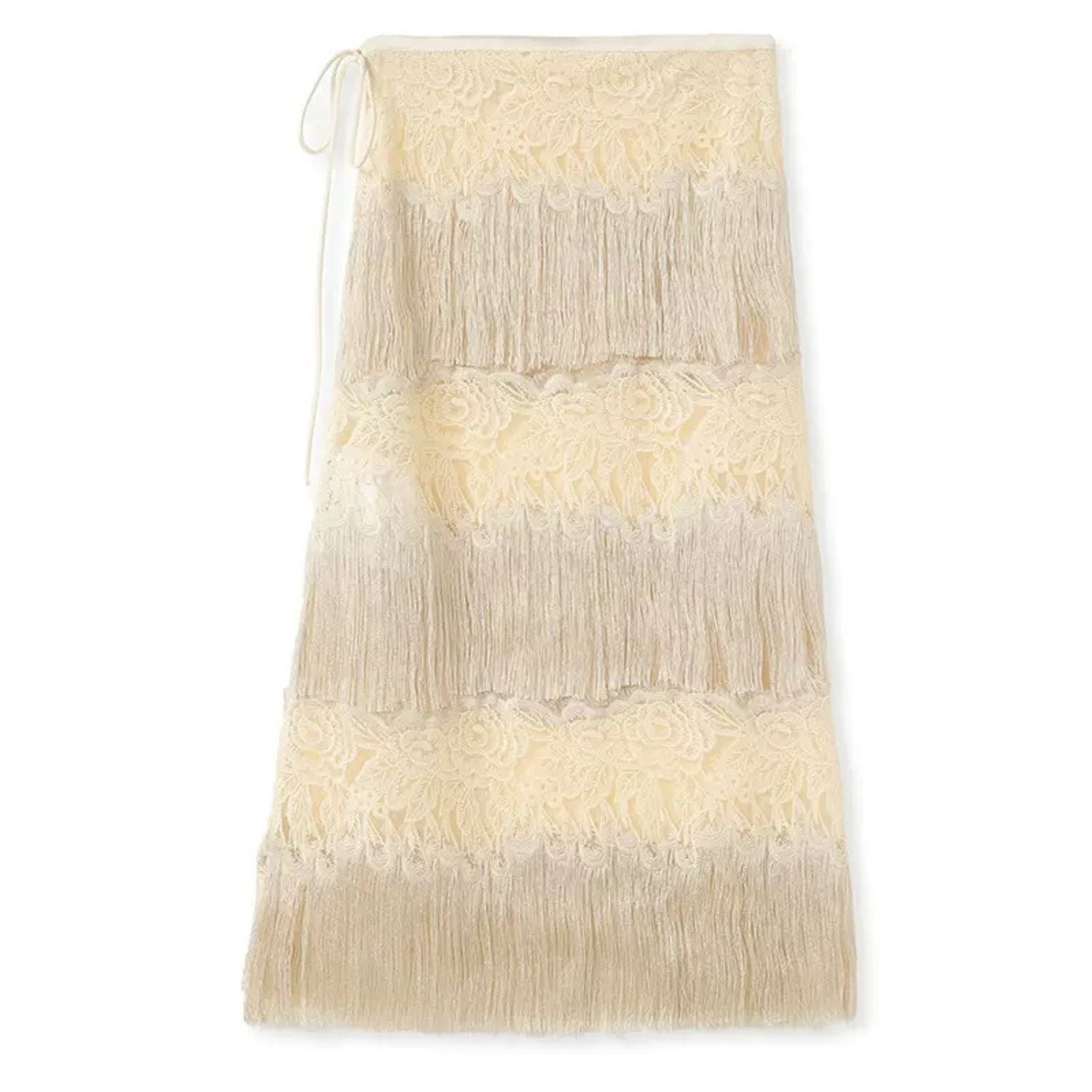 Poetic Embroidery White Tassel Outer Layer Floral Patchwork Midi Skirt Dress