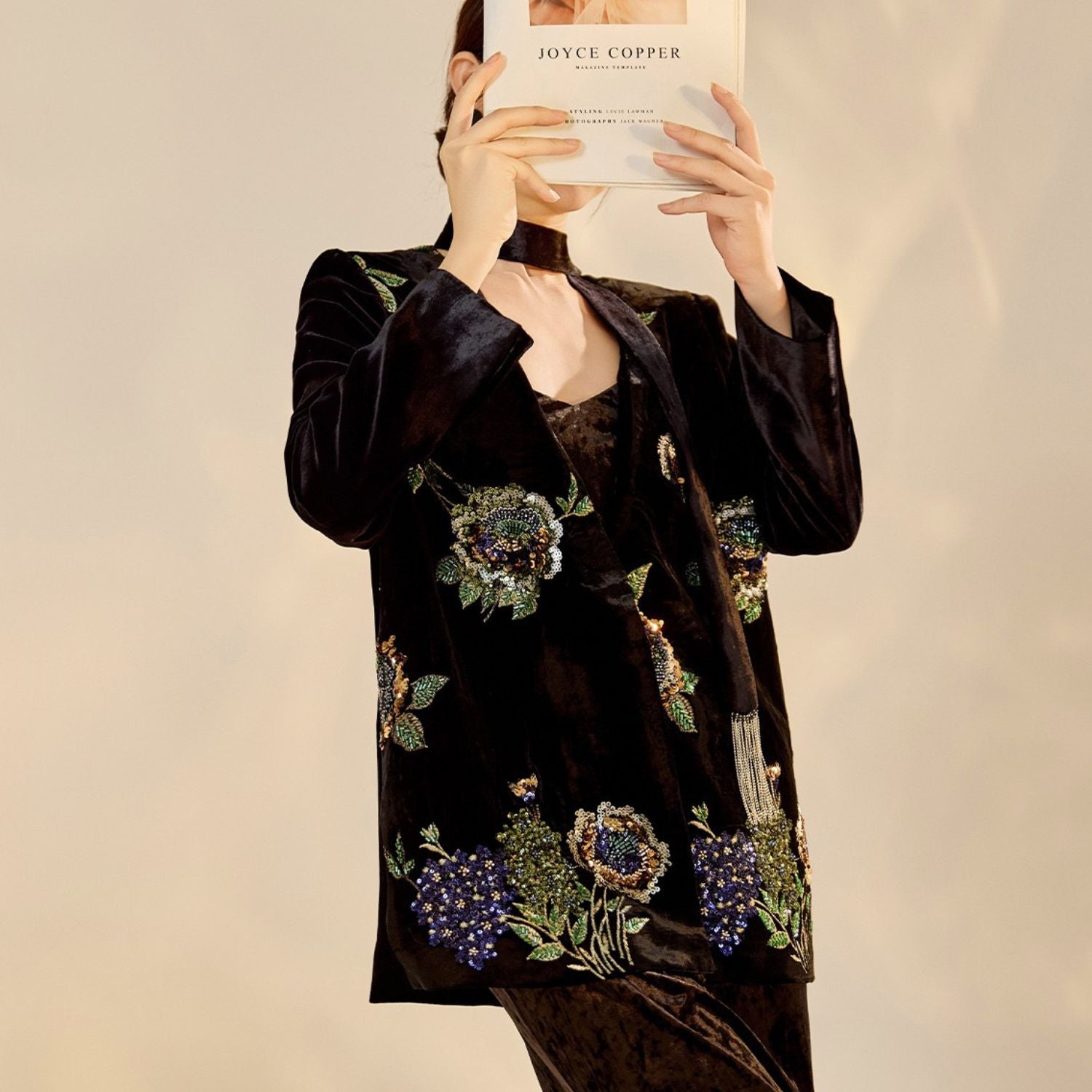 Embroidery Flowers Black Mulberry Silk Velvet Jacket Suit Top