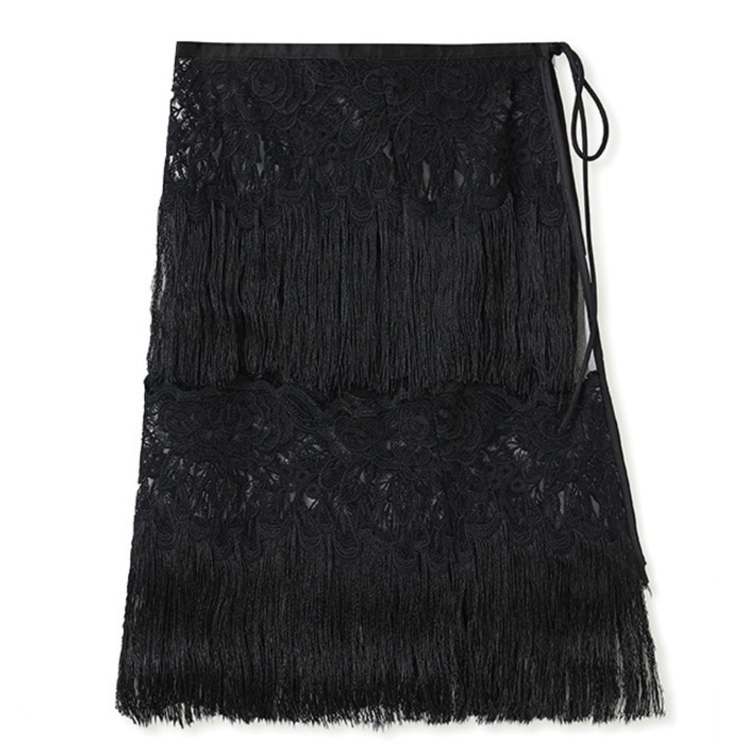 Poetic Embroidery Black  Tassel Outer Layer Floral Patchwork Knee-Length Short Skirt