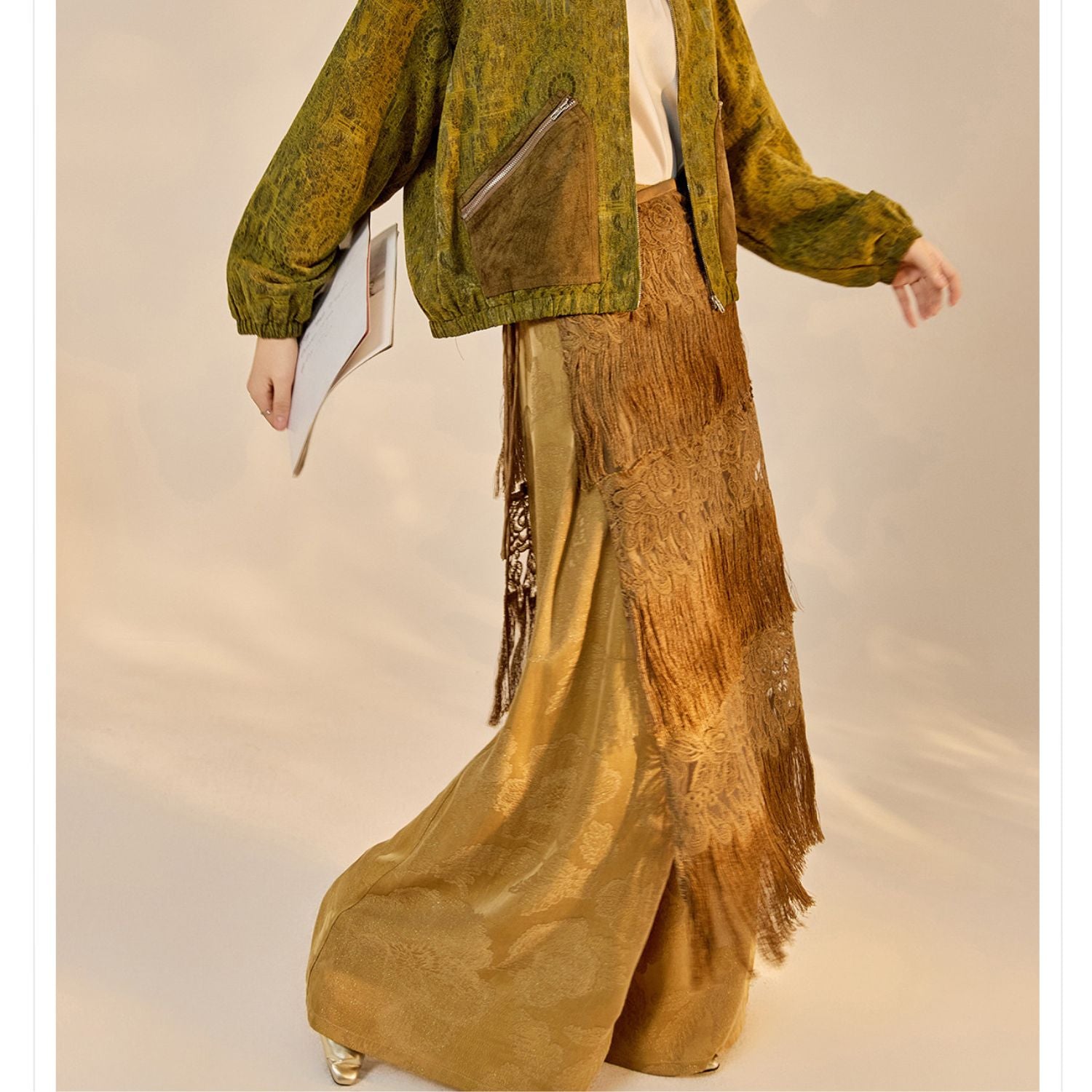 Poetic Embroidery Brown Tassel Outer Layer Floral Patchwork Midi Skirt Dress