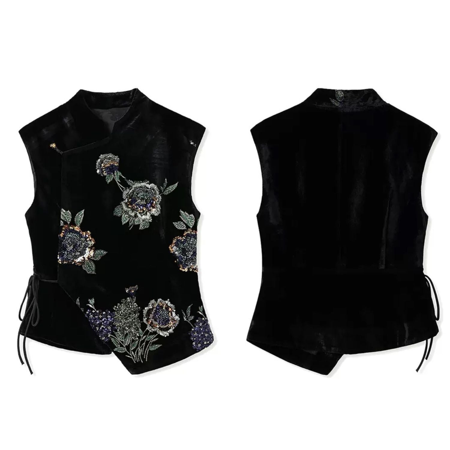 Embroidery Flowers Black Velvet Fitted Vest Cardigan