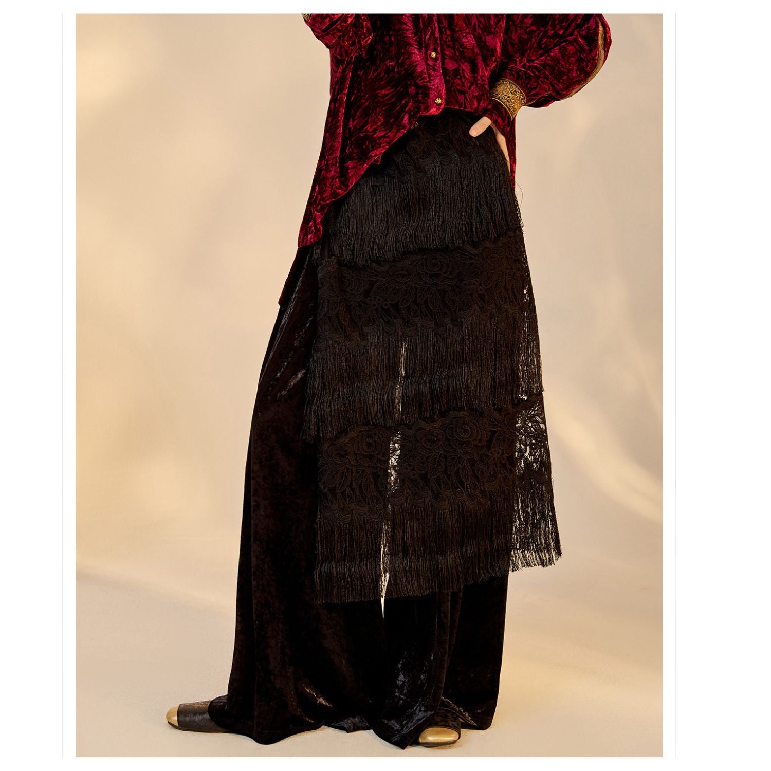 Poetic Embroidery Black  Tassel Outer Layer Floral Patchwork Midi Skirt Dress