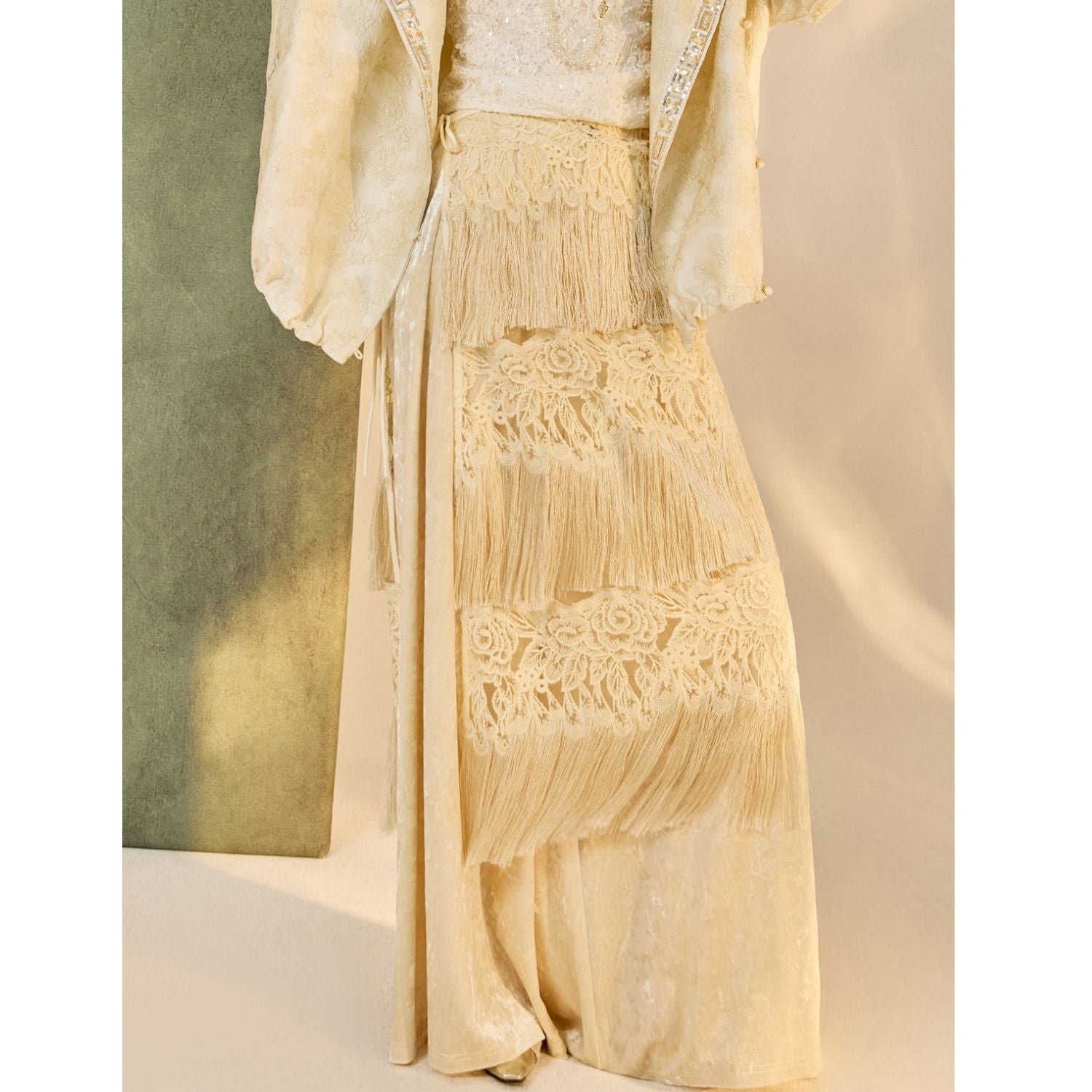 Poetic Embroidery White Tassel Outer Layer Floral Patchwork Midi Skirt Dress