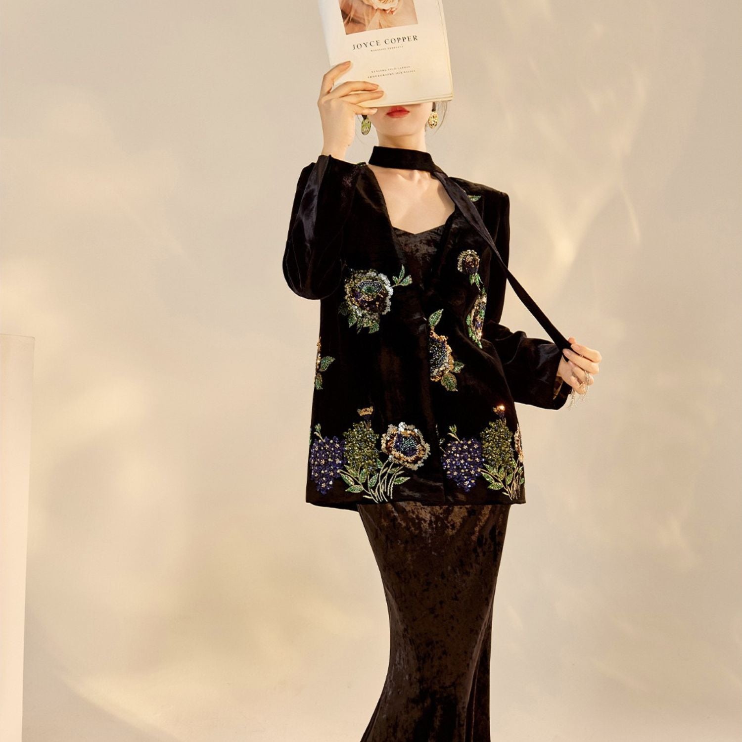 Embroidery Flowers Black Mulberry Silk Velvet Jacket Suit Top