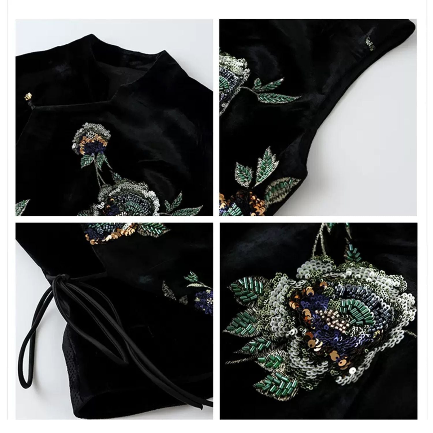 Embroidery Flowers Black Velvet Fitted Vest Cardigan